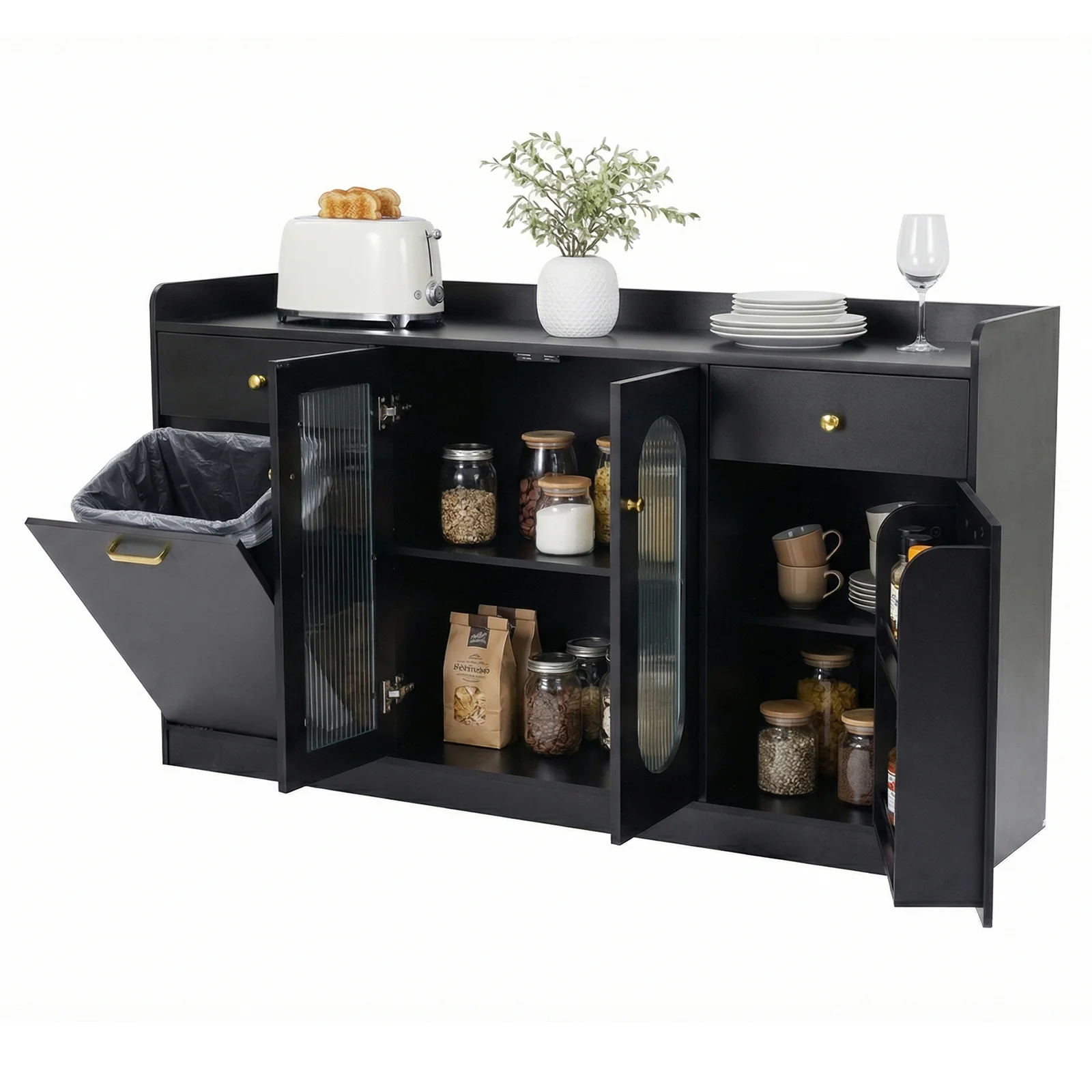 Large Buffet Cabinet, Hidden Tilt Out Trash Can, 2 Glass Doors, Black - Image 2