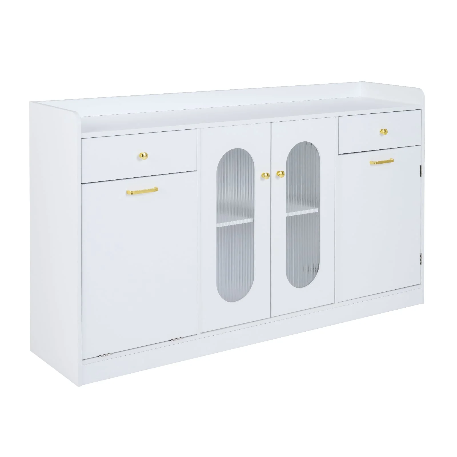 Large Buffet Cabinet, Hidden Tilt Out Trash Can, 2 Glass Doors, White