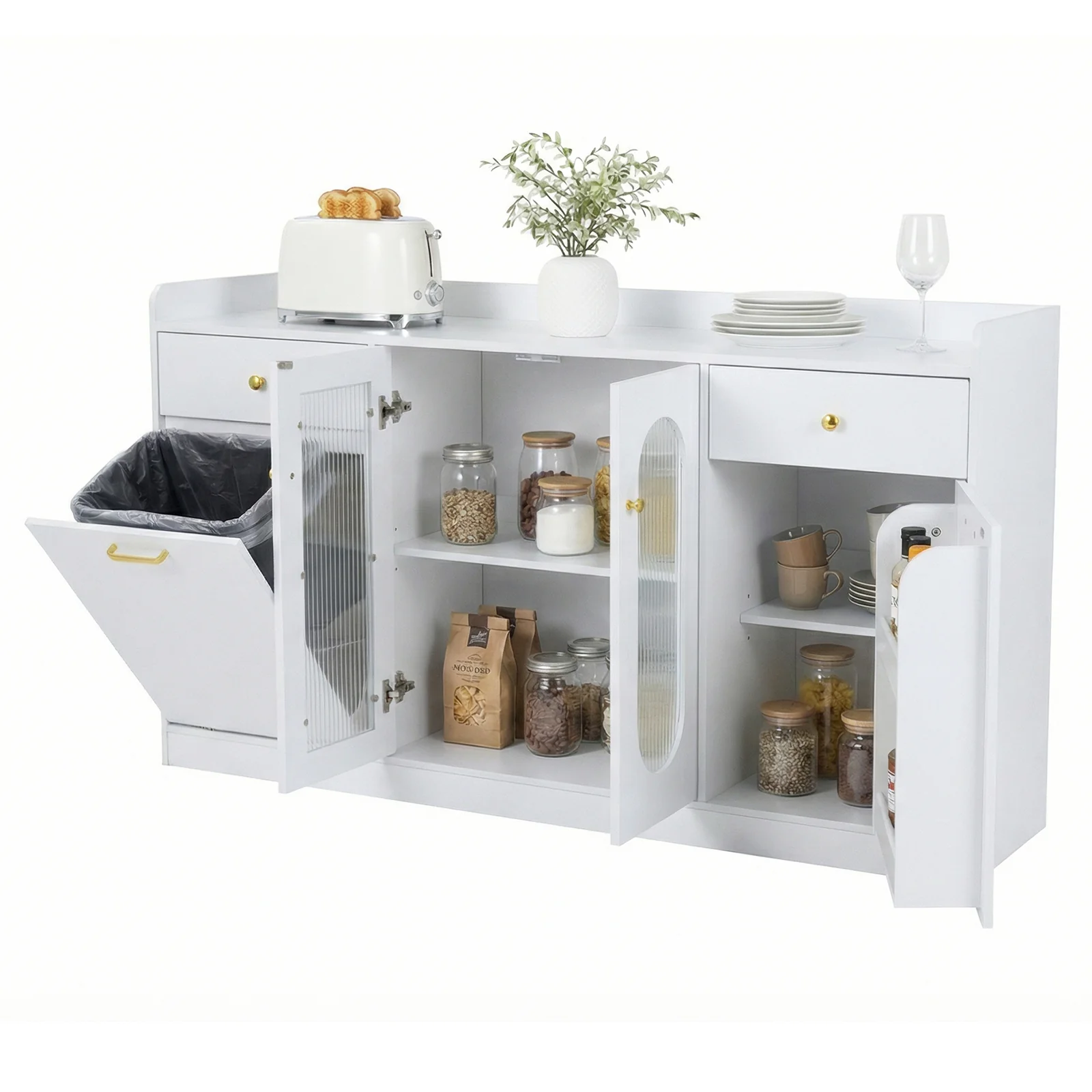 Large Buffet Cabinet, Hidden Tilt Out Trash Can, 2 Glass Doors, White - Image 2
