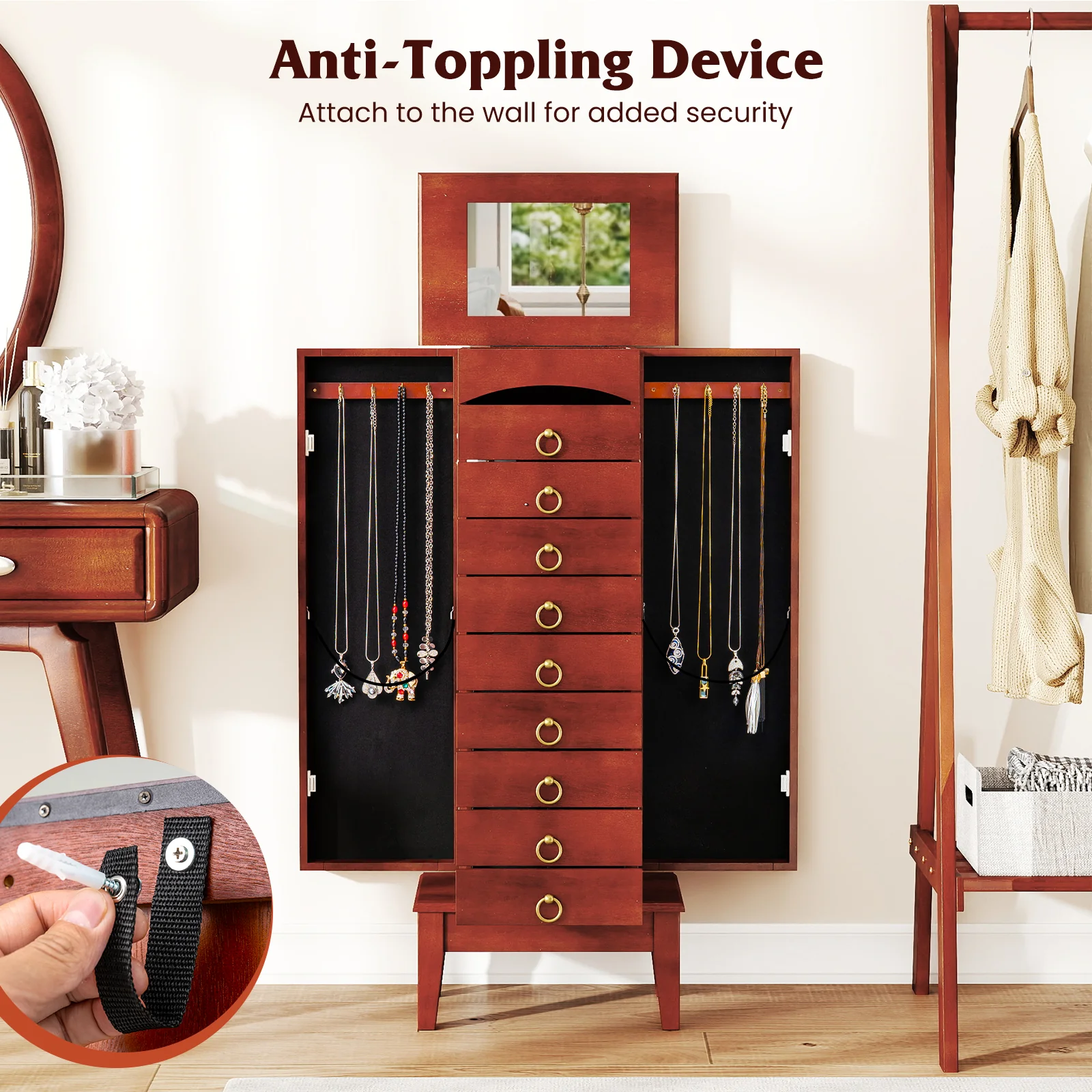 Large Capacity Jewelry Storage Cabinet, 9 Drawers, Brown - Image 10