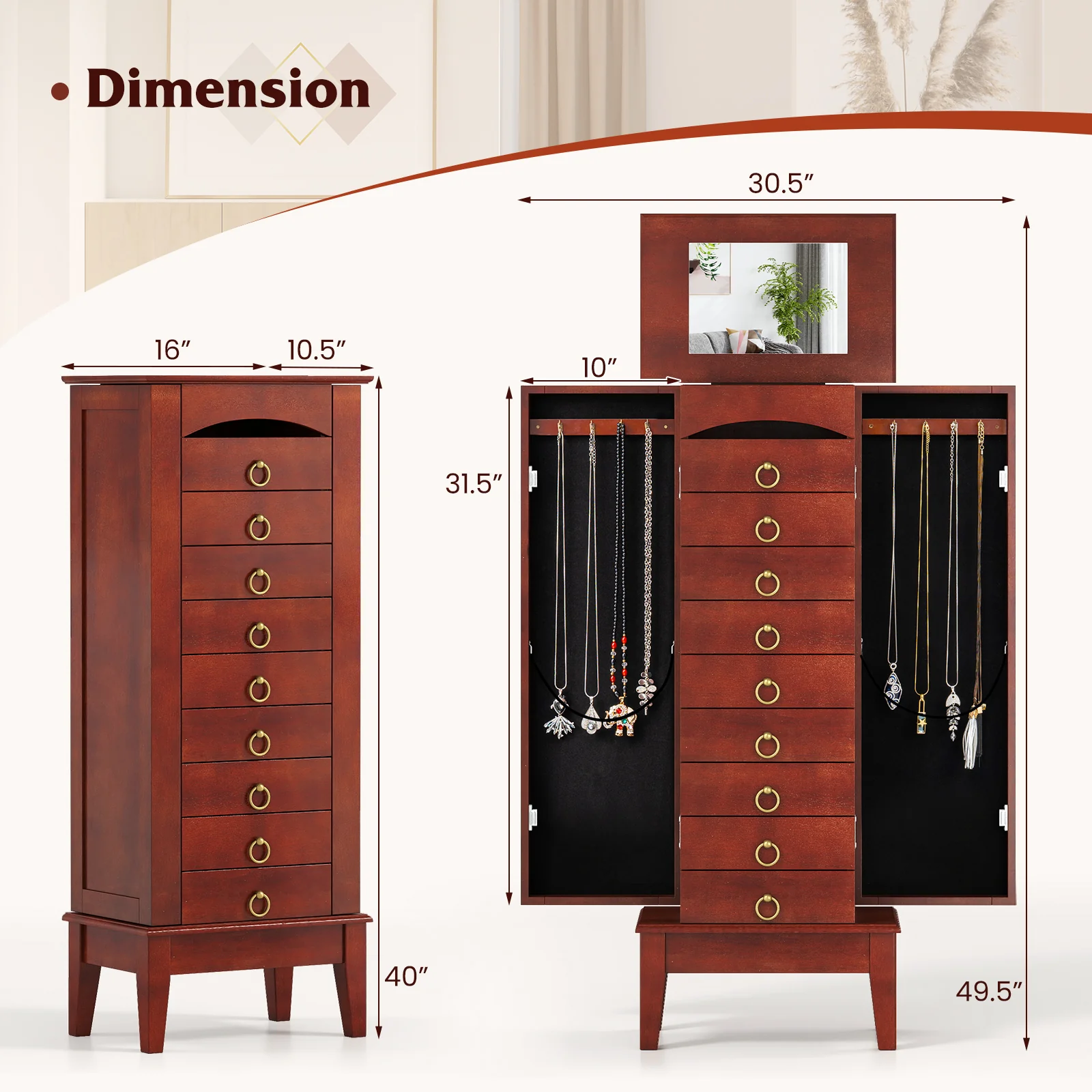 Large Capacity Jewelry Storage Cabinet, 9 Drawers, Brown - Image 5