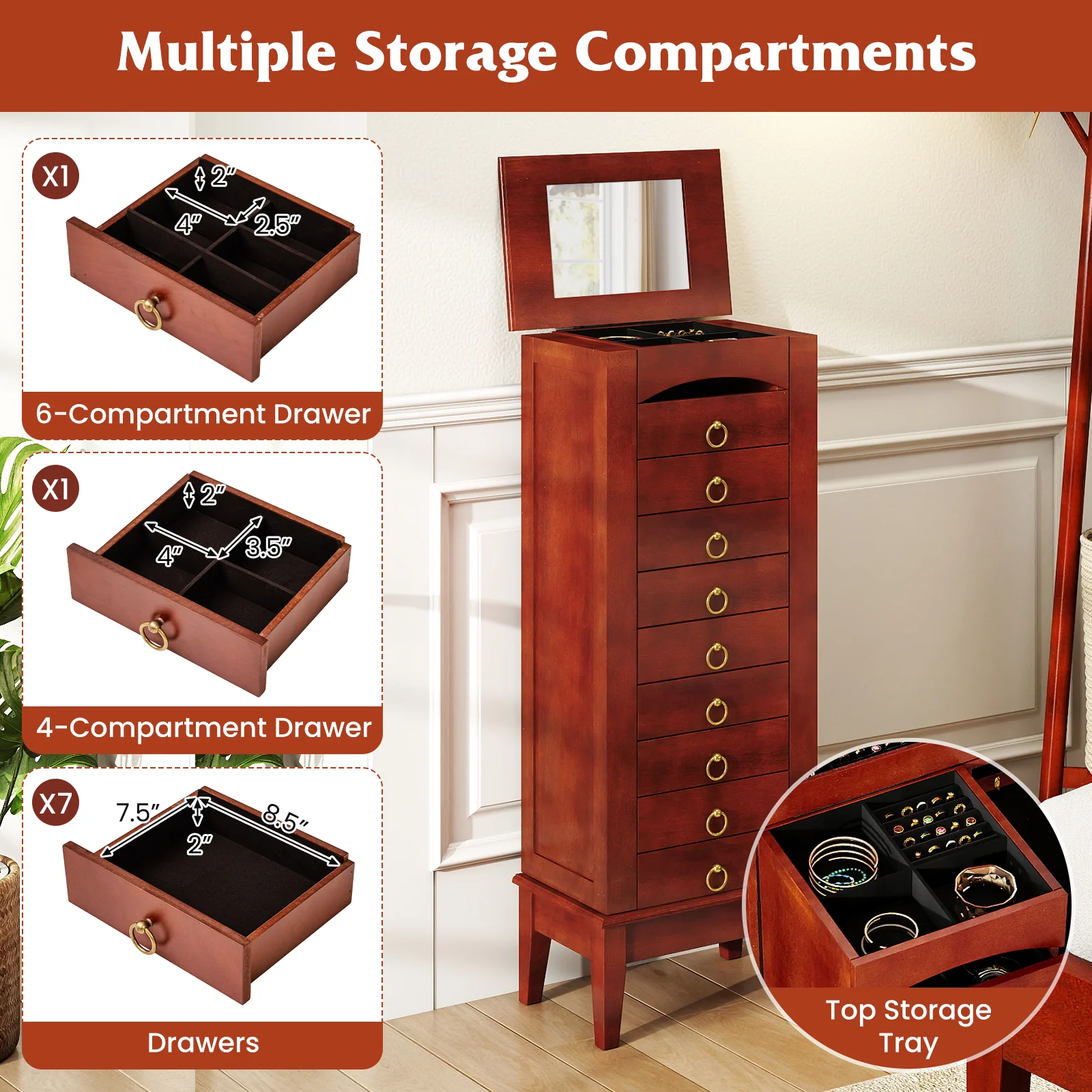 Large Capacity Jewelry Storage Cabinet, 9 Drawers, Brown - Image 7