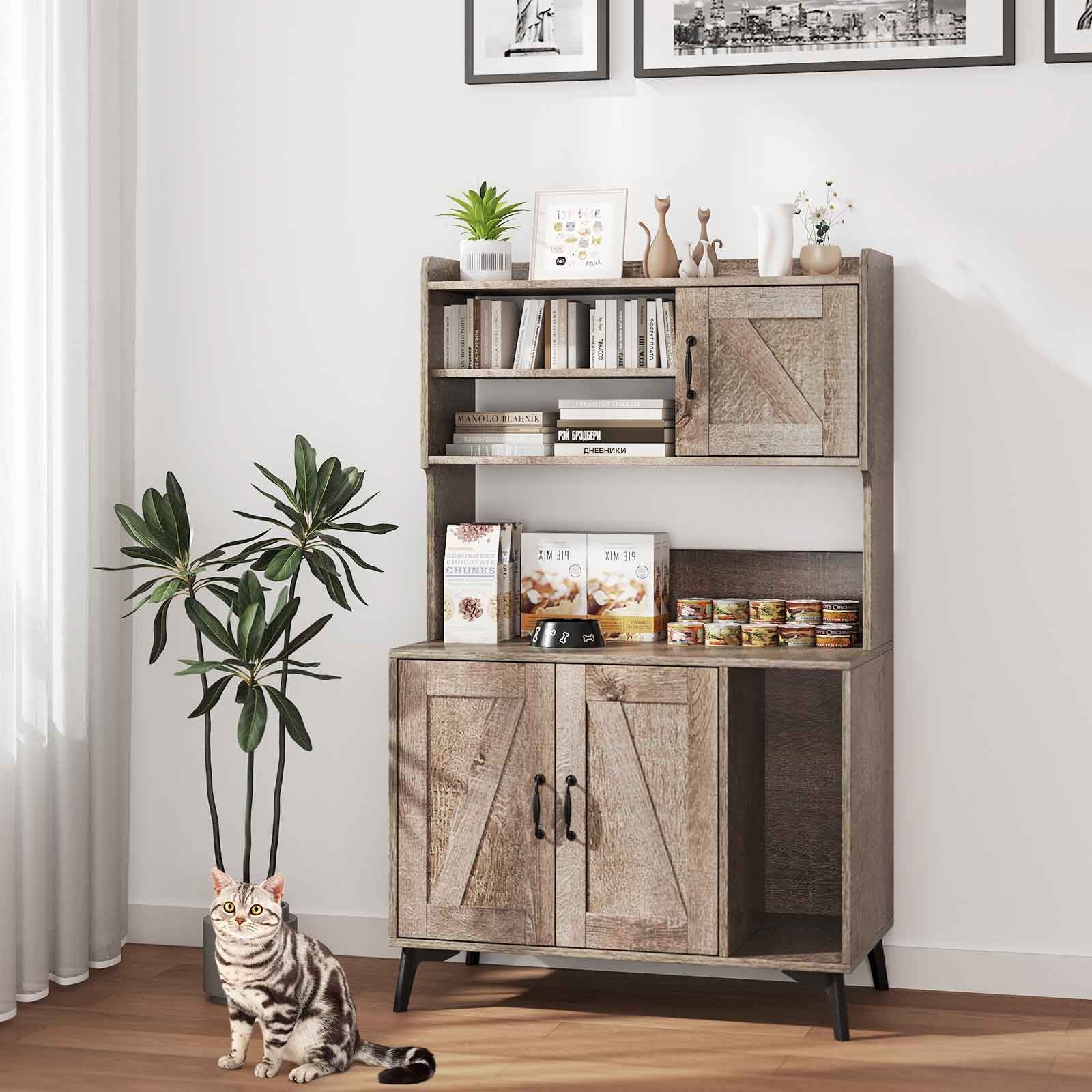 Large Cat Litter Box Enclosure, Display Storage Shelves, Oak - Image 2