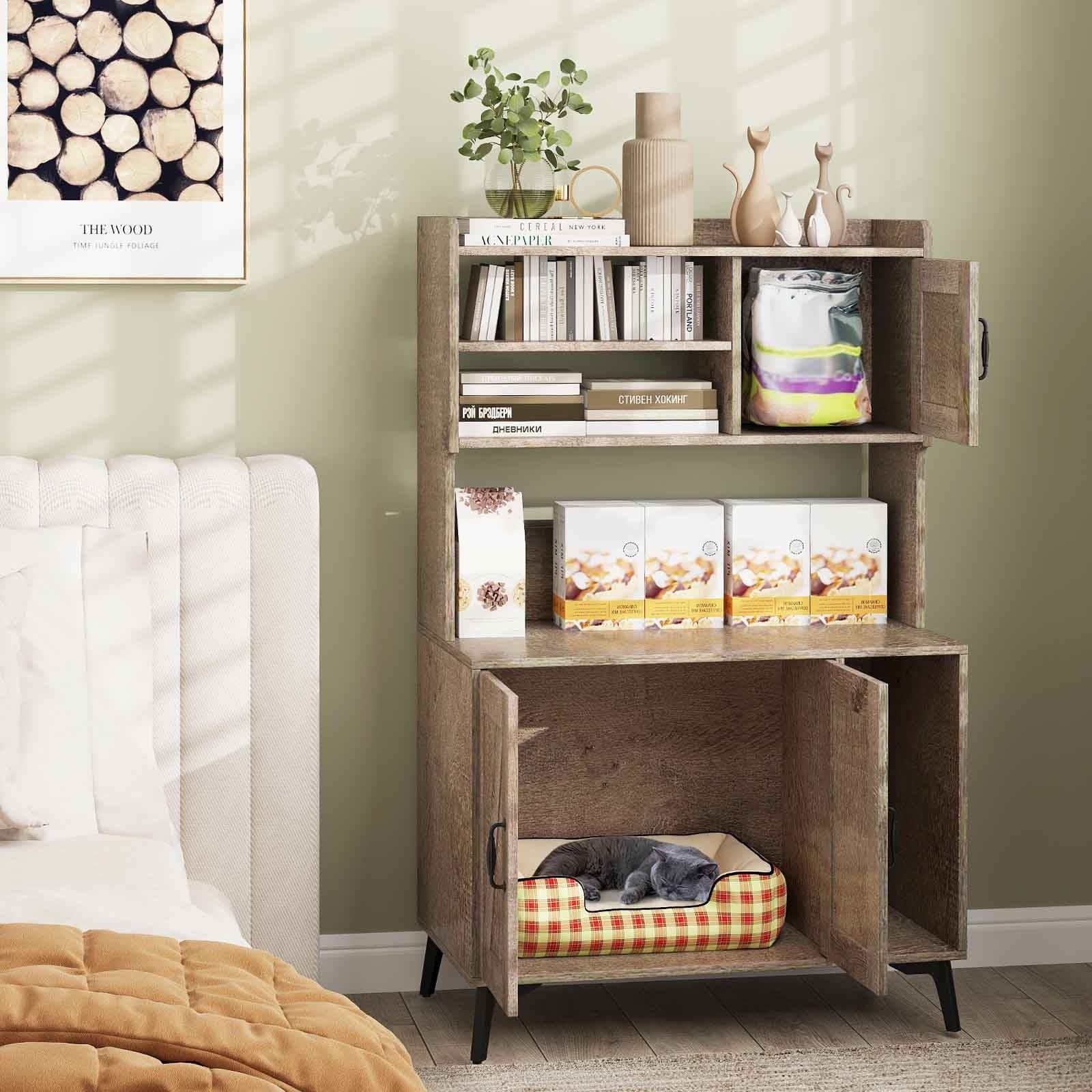 Large Cat Litter Box Enclosure, Display Storage Shelves, Oak - Image 3