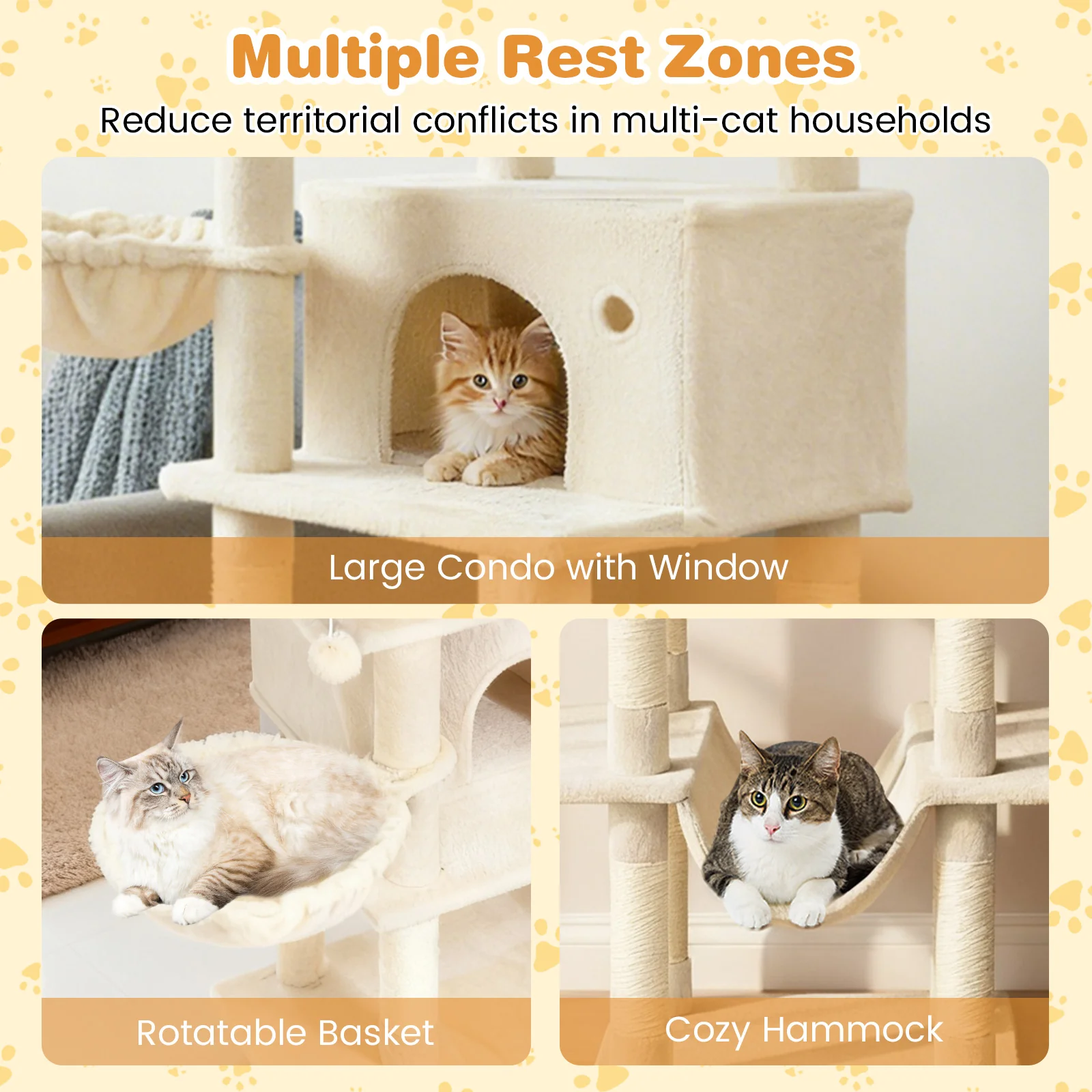 Large Cat Tree for Indoor Cats 63" Tall Cat Tower, Beige - Image 10