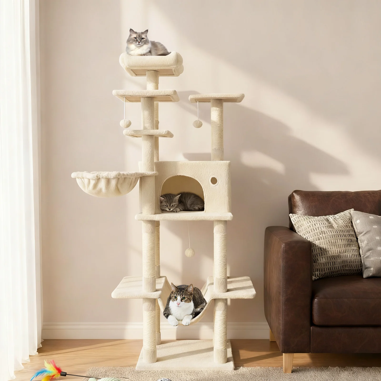 Large Cat Tree for Indoor Cats 63" Tall Cat Tower, Beige - Image 2