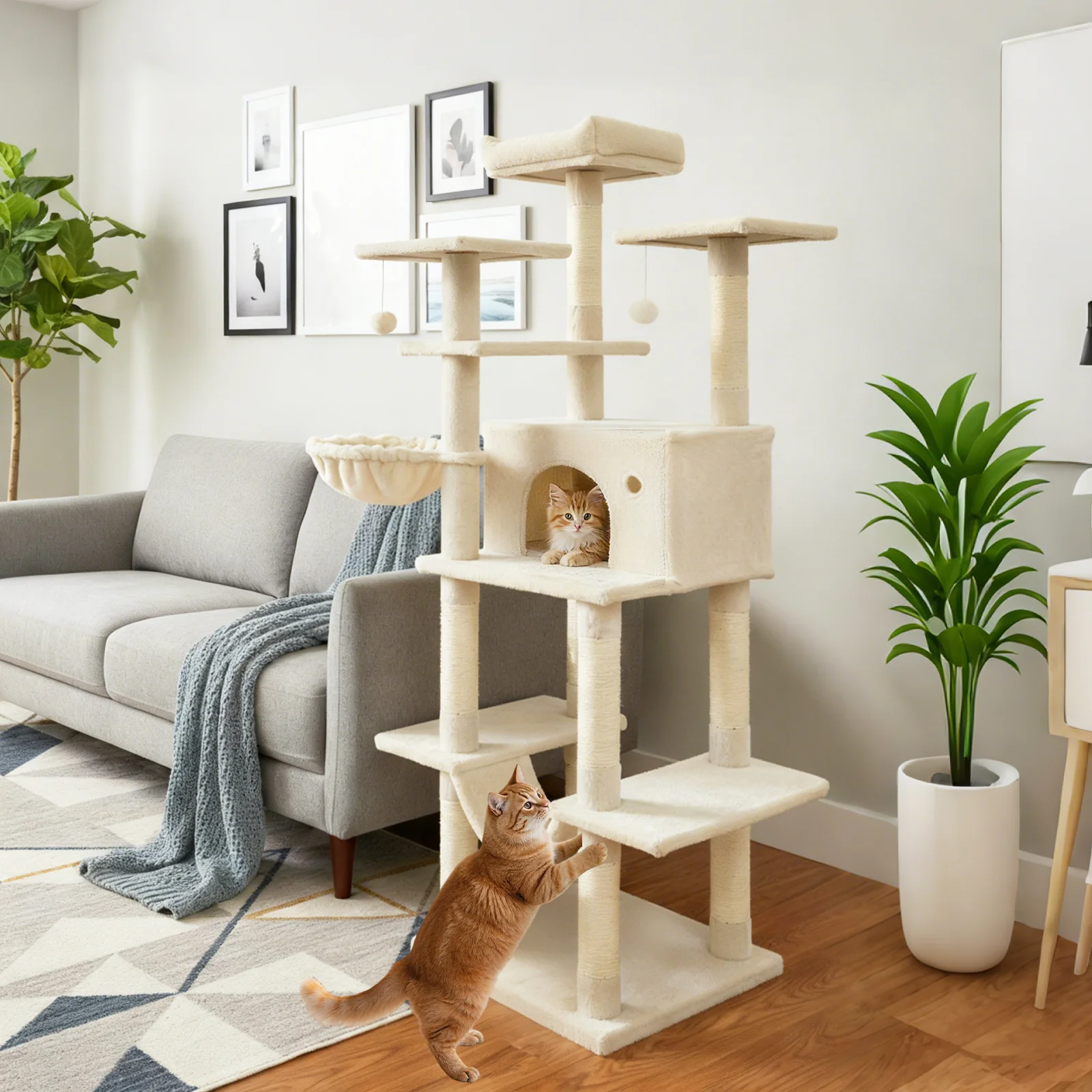 Large Cat Tree for Indoor Cats 63" Tall Cat Tower, Beige - Image 3