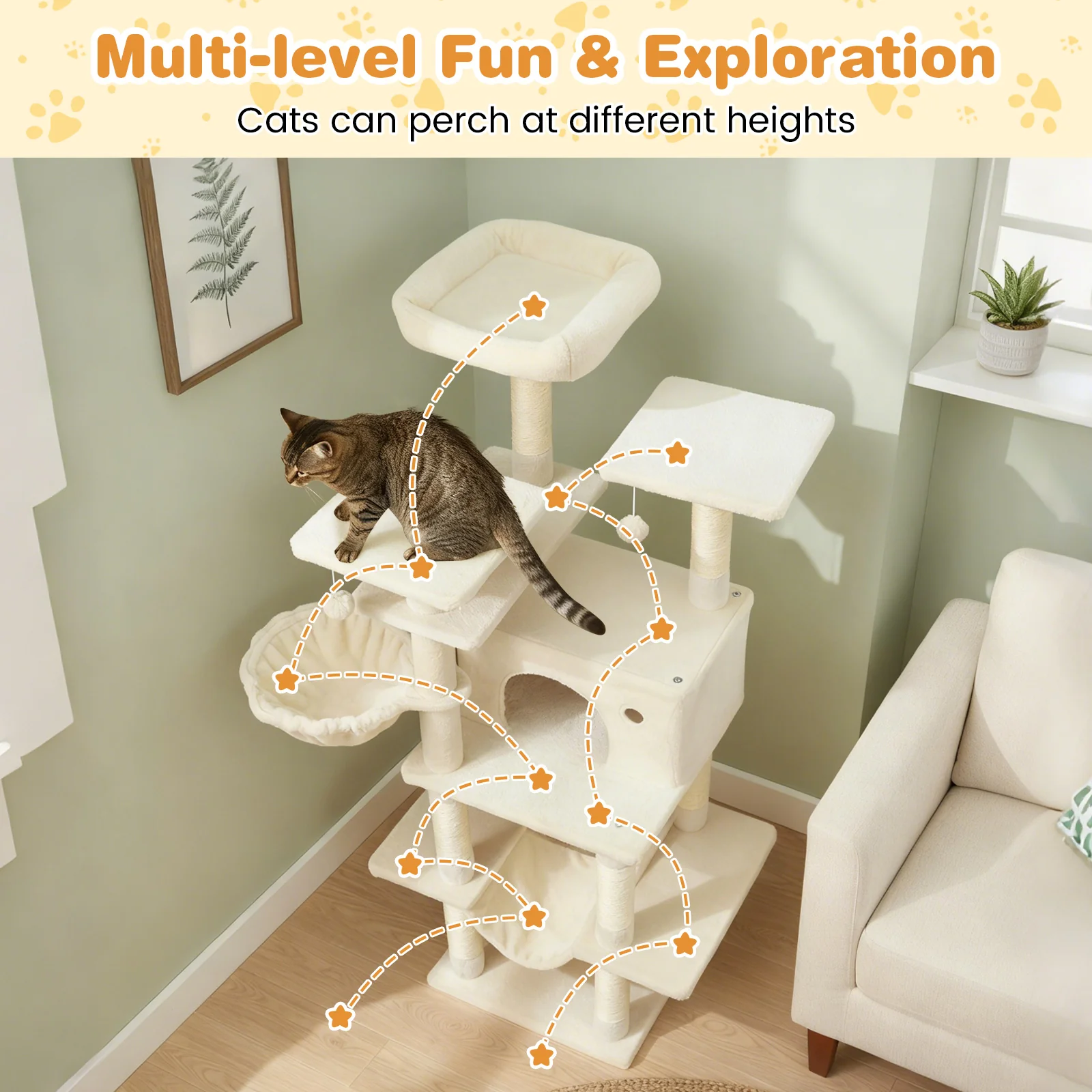 Large Cat Tree for Indoor Cats 63" Tall Cat Tower, Beige - Image 7