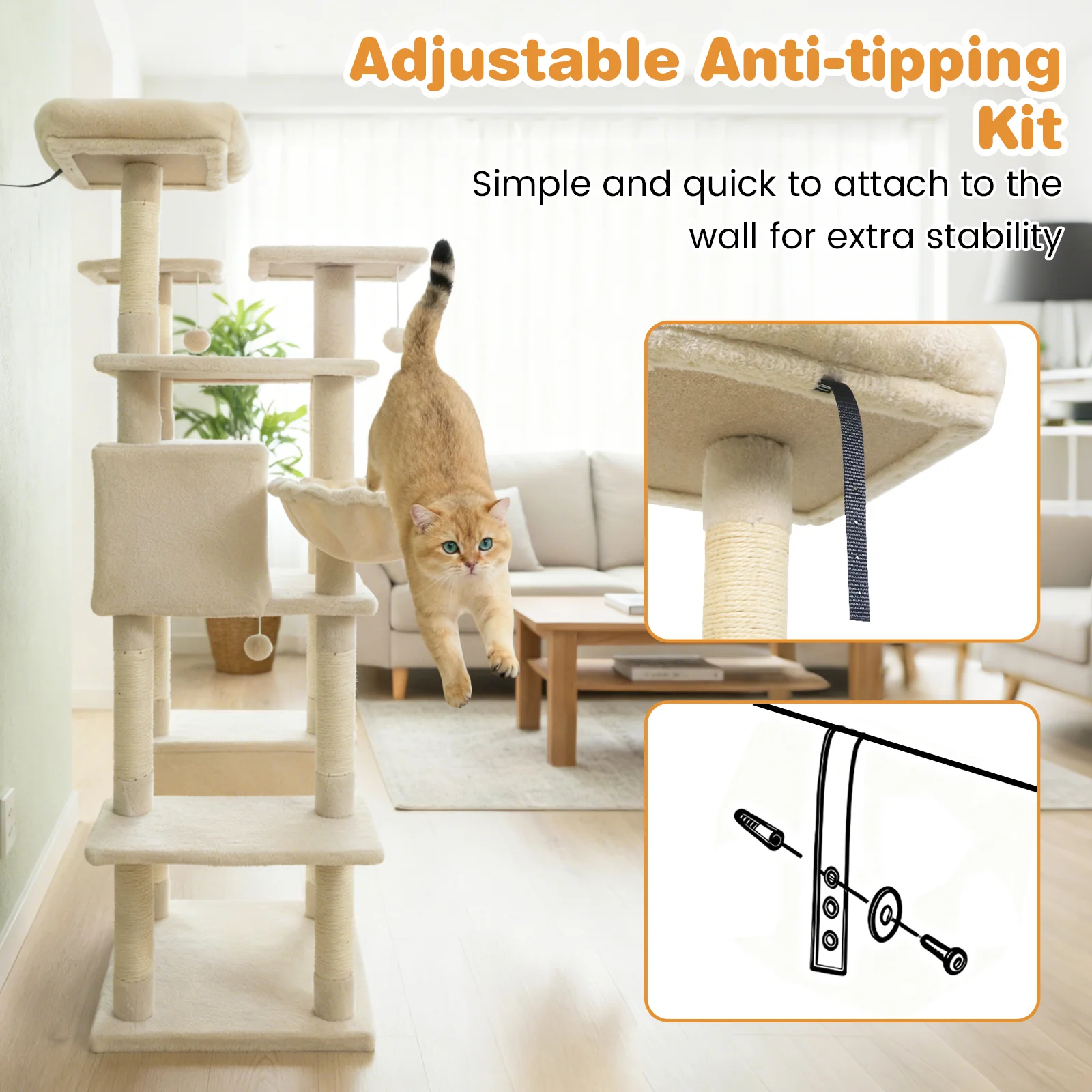 Large Cat Tree for Indoor Cats 63" Tall Cat Tower, Beige - Image 8