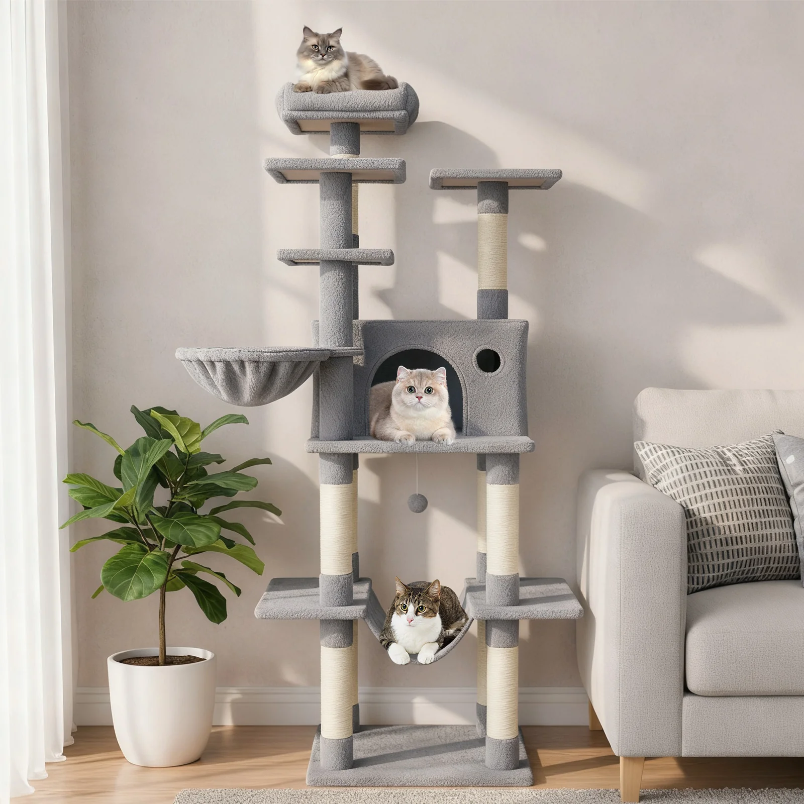 Large Cat Tree for Indoor Cats 63" Tall Cat Tower-Lght Gray, Light Gray - Image 2