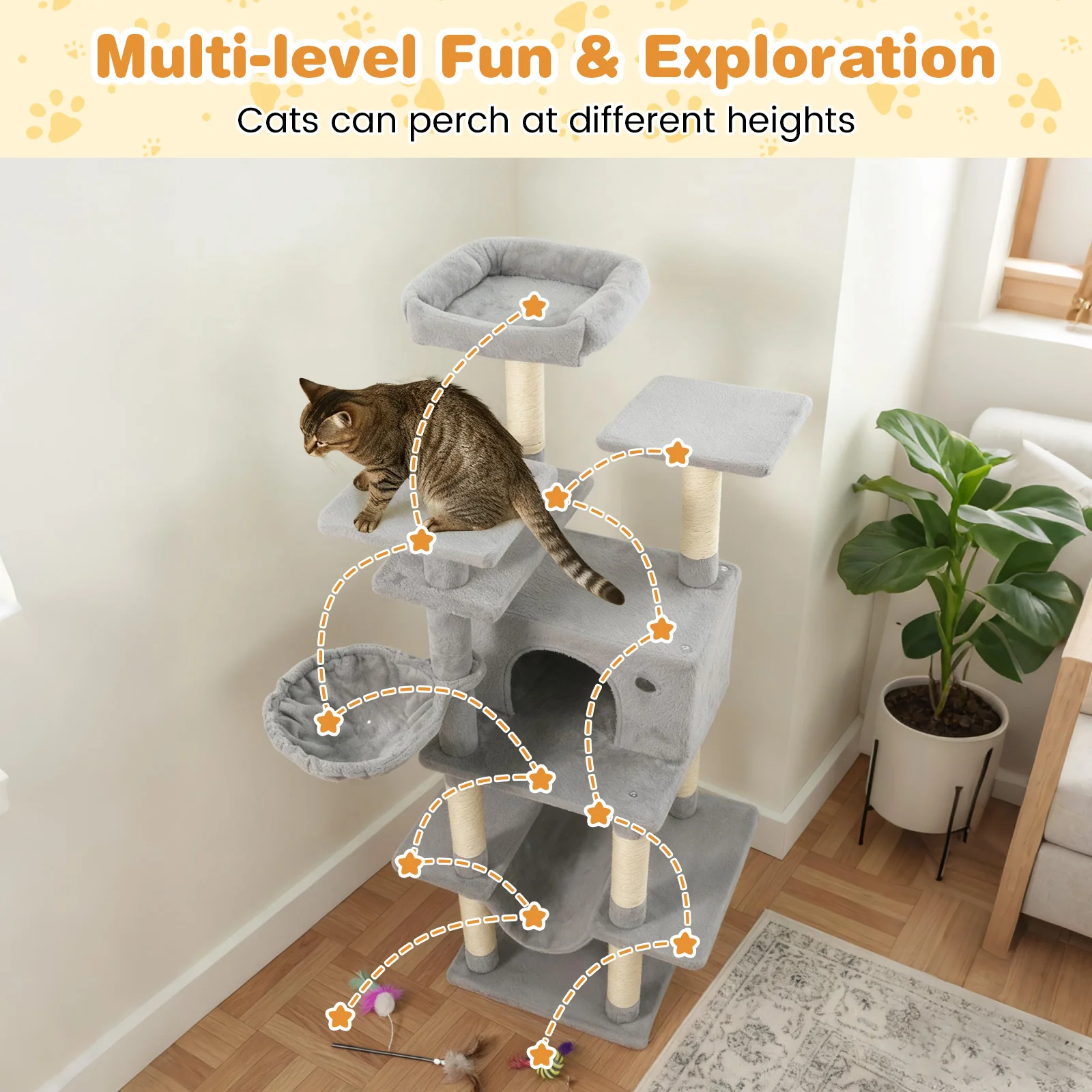 Large Cat Tree for Indoor Cats 63" Tall Cat Tower-Lght Gray, Light Gray - Image 7