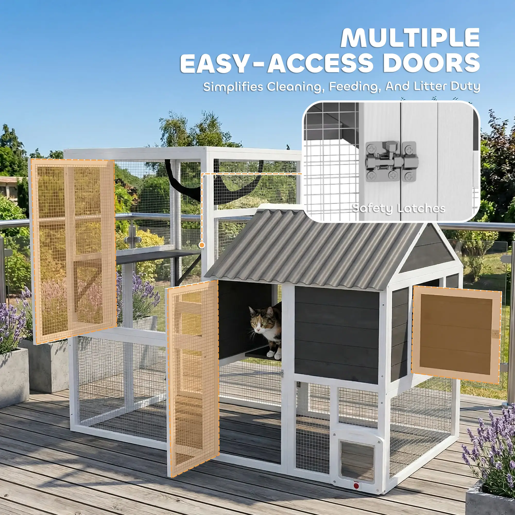 Large Catio, 63" L Outdoor Cat House with 4-Way Door, Hammock, 2 Platforms - Image 8