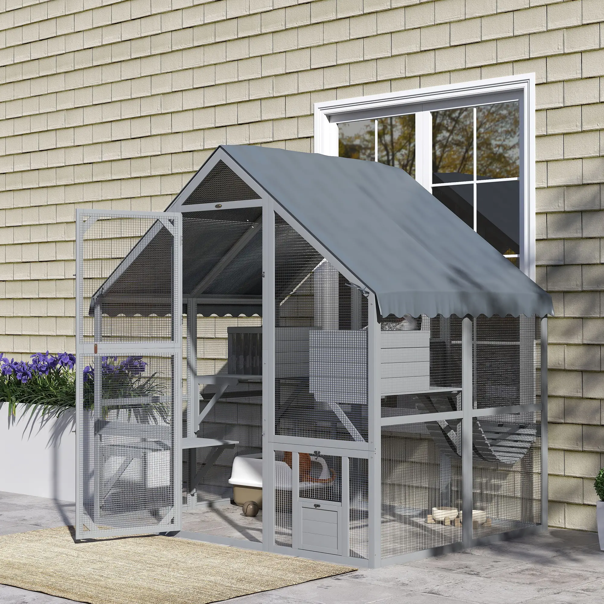 Large Catio, Waterproof Cover, 2 Resting Boxes, 4 Platforms, Bridge, Grey - Image 10
