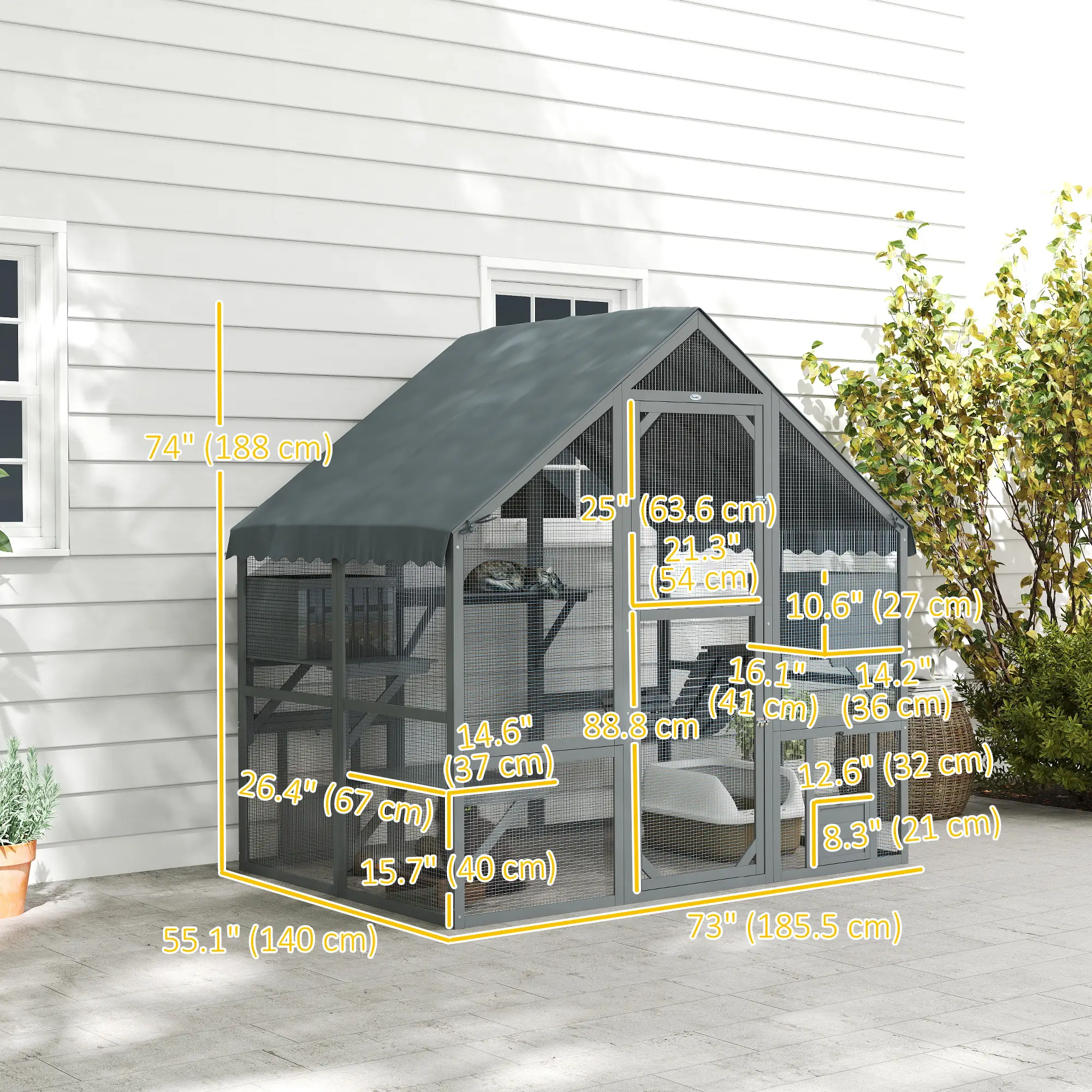 Large Catio, Waterproof Cover, 2 Resting Boxes, 4 Platforms, Bridge, Grey - Image 3