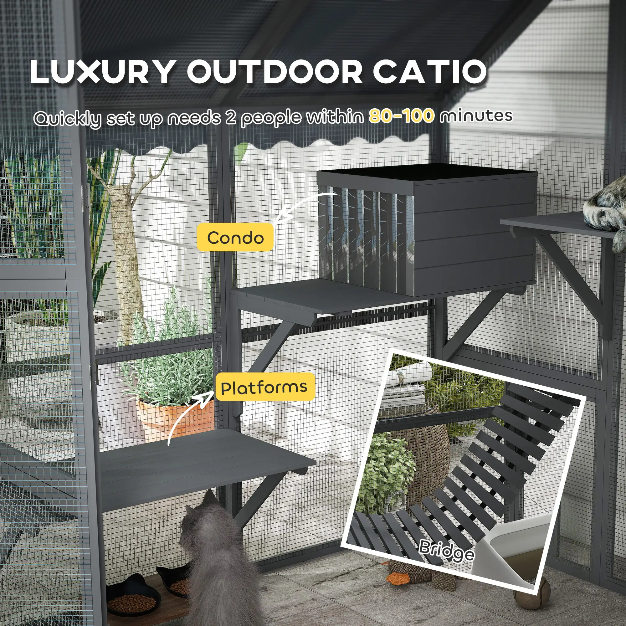 Large Catio, Waterproof Cover, 2 Resting Boxes, 4 Platforms, Bridge, Grey - Image 4