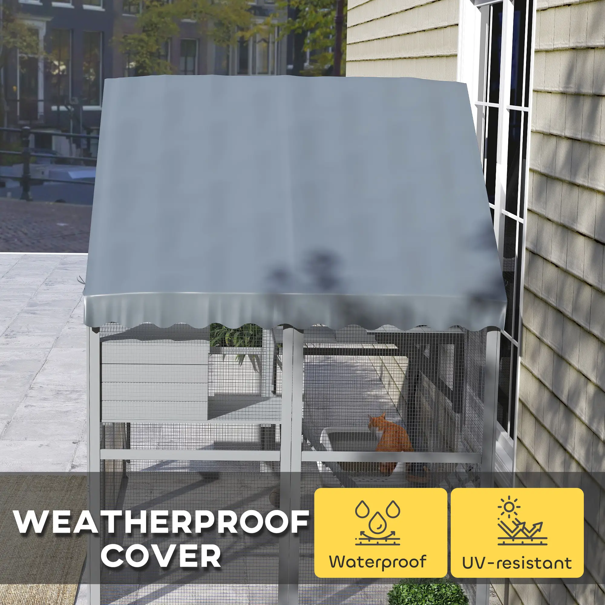 Large Catio, Waterproof Cover, 2 Resting Boxes, 4 Platforms, Bridge, Grey - Image 5