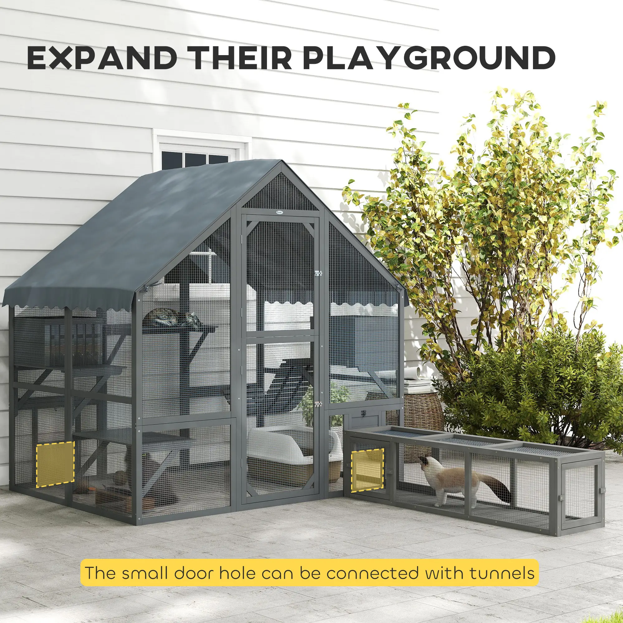 Large Catio, Waterproof Cover, 2 Resting Boxes, 4 Platforms, Bridge, Grey - Image 6