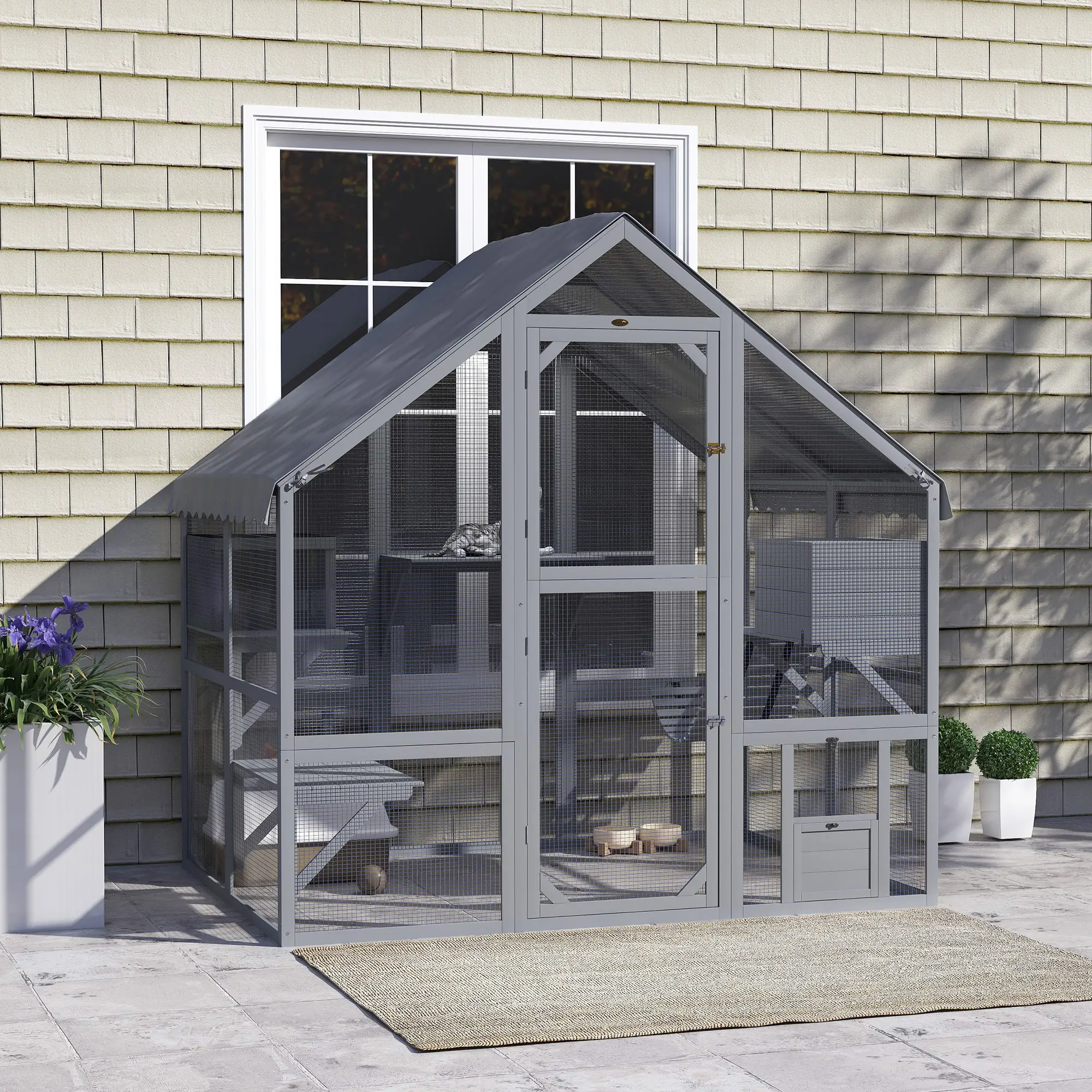 Large Catio, Waterproof Cover, 2 Resting Boxes, 4 Platforms, Bridge, Grey - Image 8