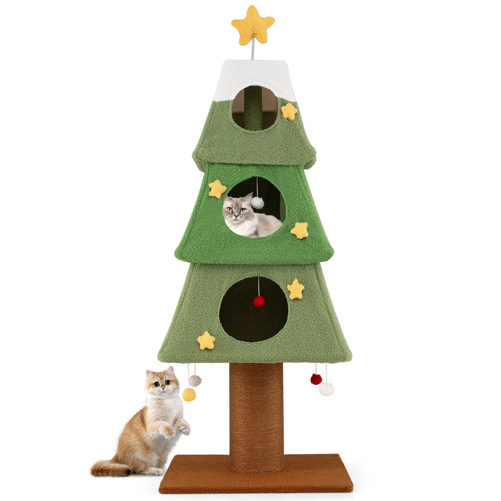 Large Christmas Cat Tree for Indoor Cats 64" Cute Cat Tower with 3 Condos, Green