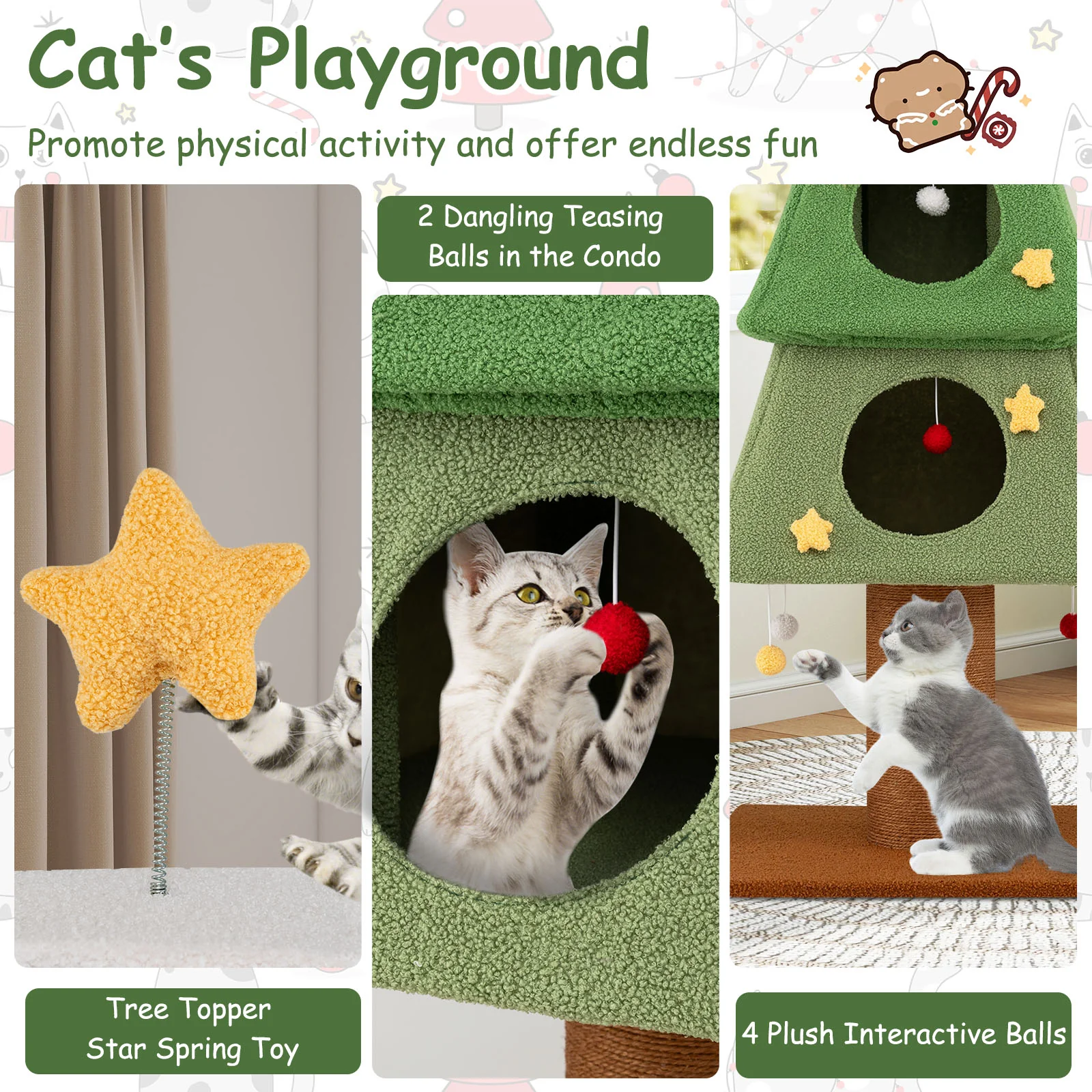 Large Christmas Cat Tree for Indoor Cats 64" Cute Cat Tower with 3 Condos, Green - Image 10
