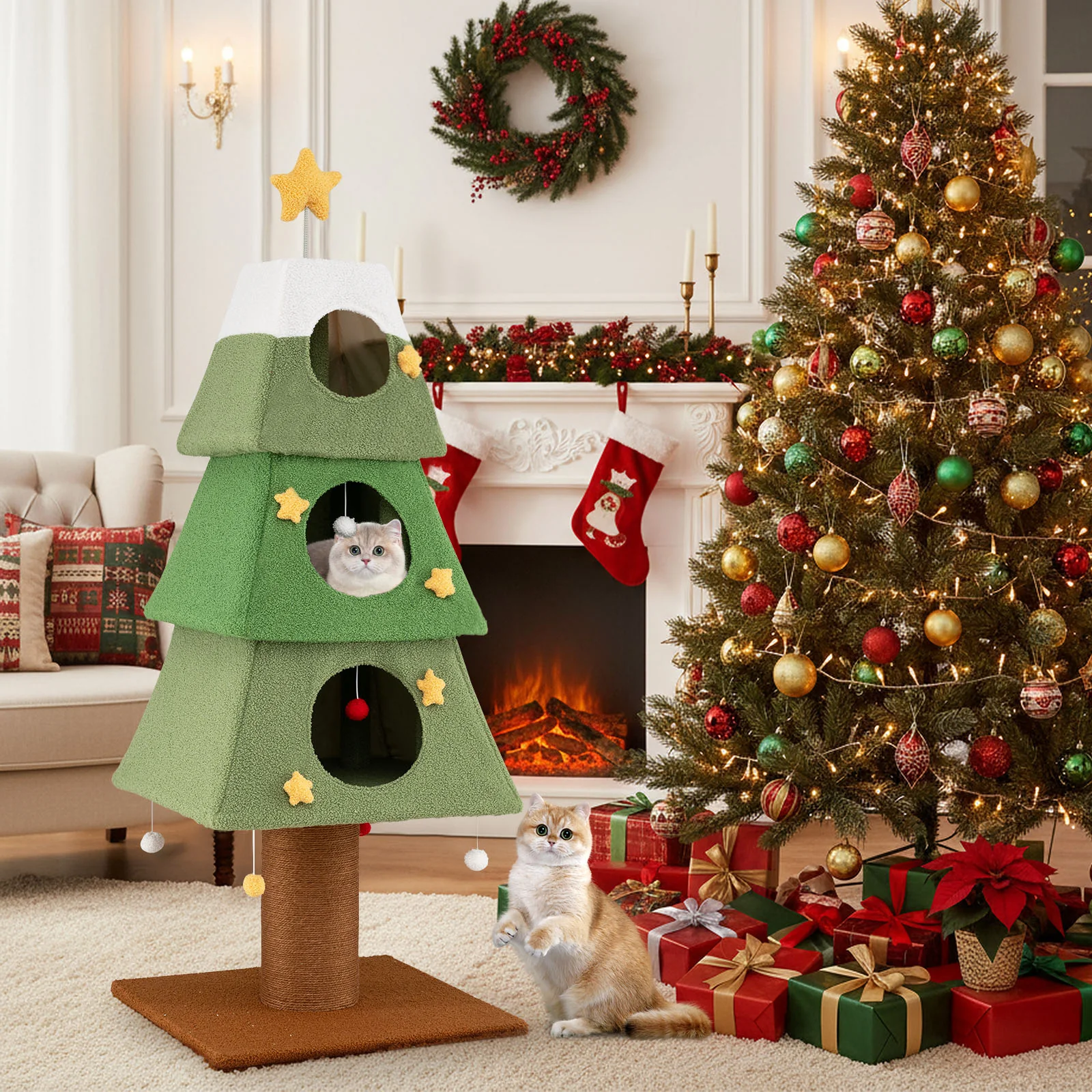 Large Christmas Cat Tree for Indoor Cats 64" Cute Cat Tower with 3 Condos, Green - Image 2