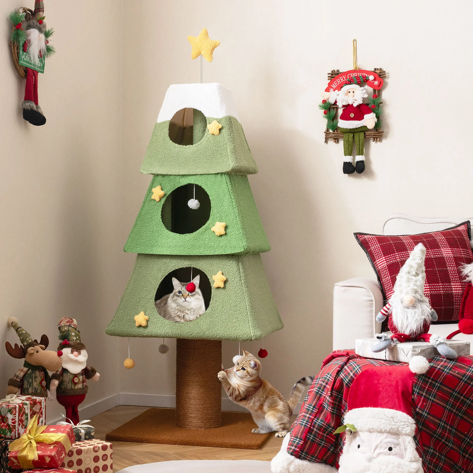 Large Christmas Cat Tree for Indoor Cats 64" Cute Cat Tower with 3 Condos, Green - Image 3