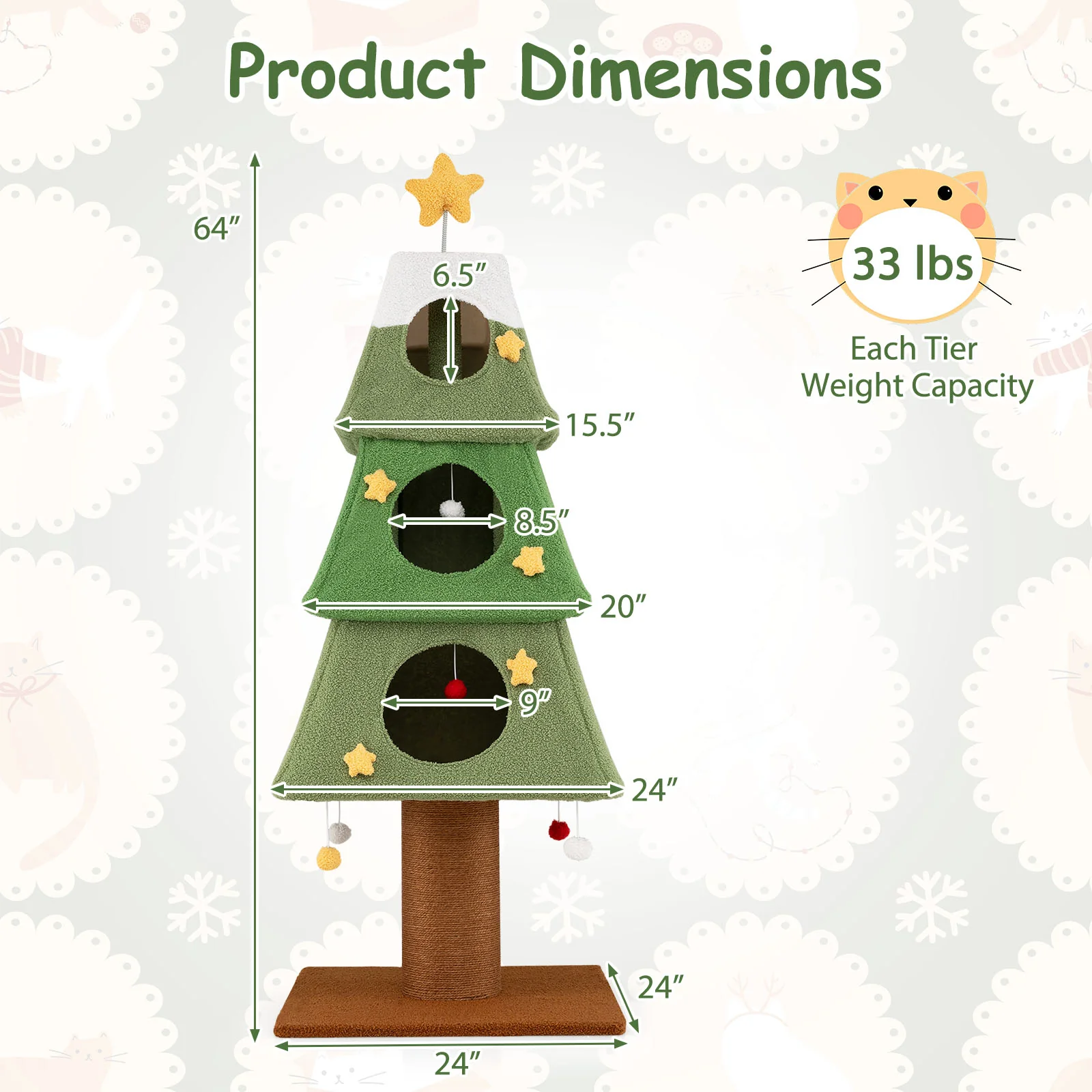 Large Christmas Cat Tree for Indoor Cats 64" Cute Cat Tower with 3 Condos, Green - Image 6