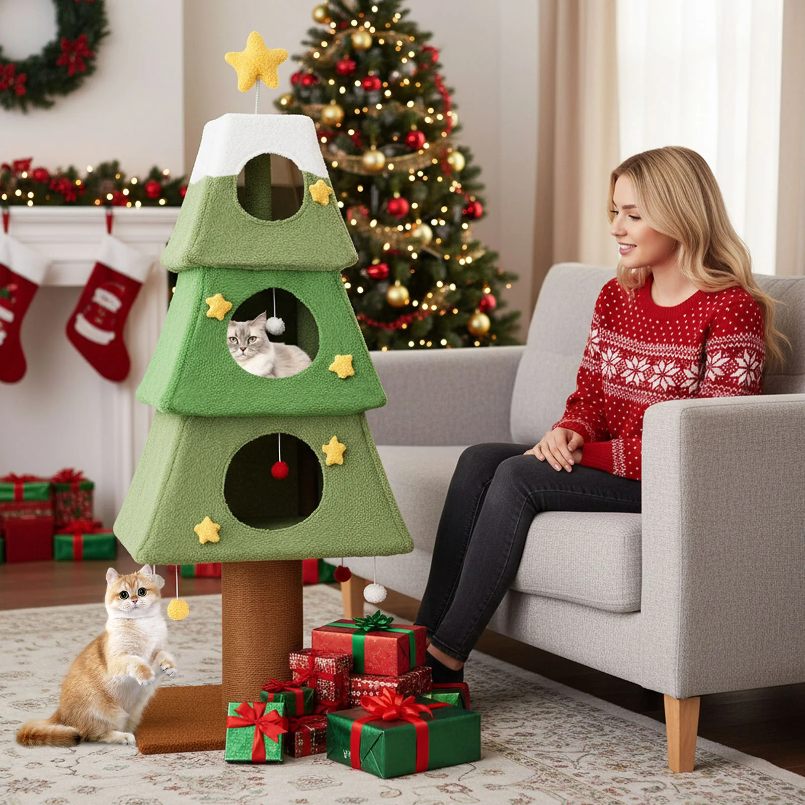 Large Christmas Cat Tree for Indoor Cats 64" Cute Cat Tower with 3 Condos, Green - Image 7