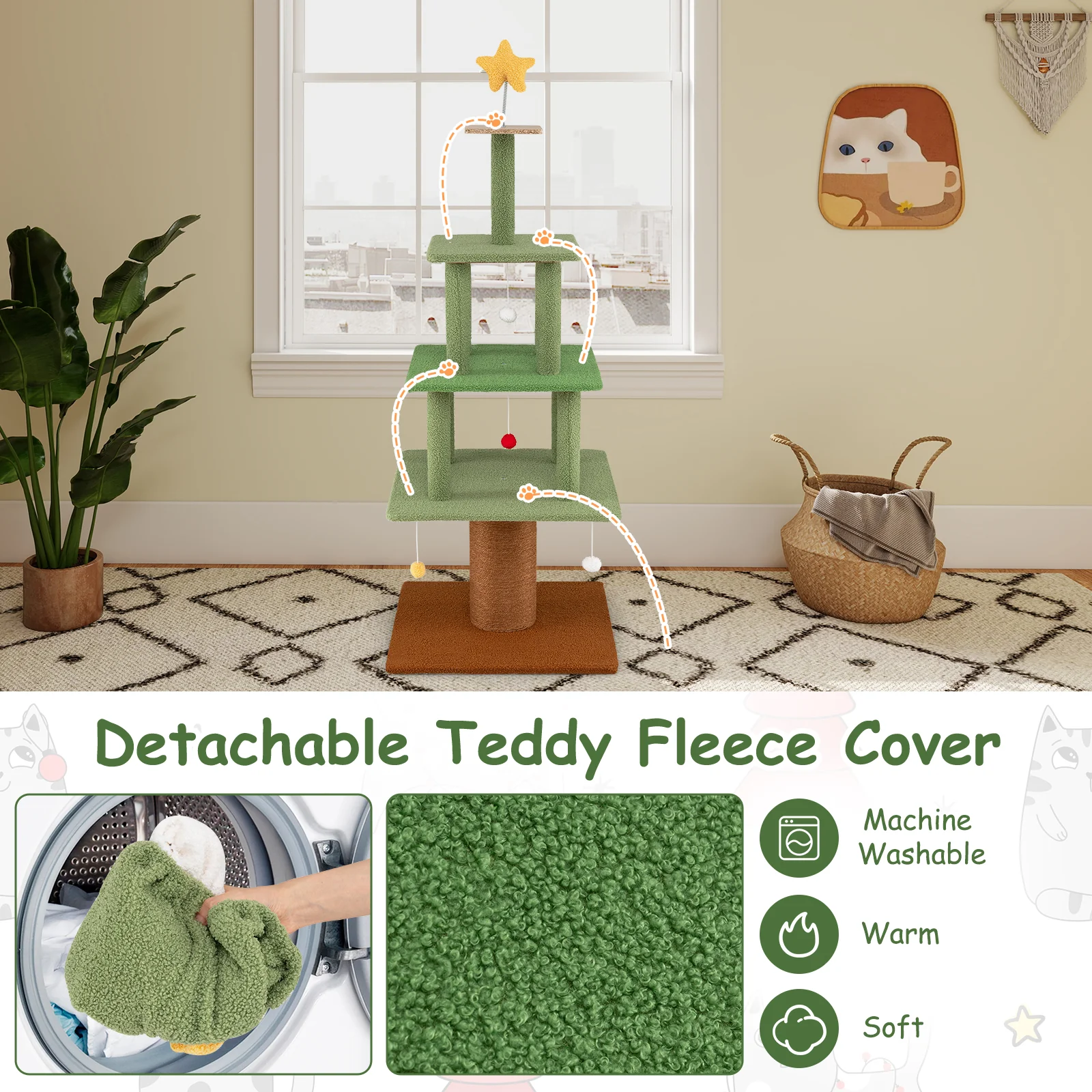Large Christmas Cat Tree for Indoor Cats 64" Cute Cat Tower with 3 Condos, Green - Image 8