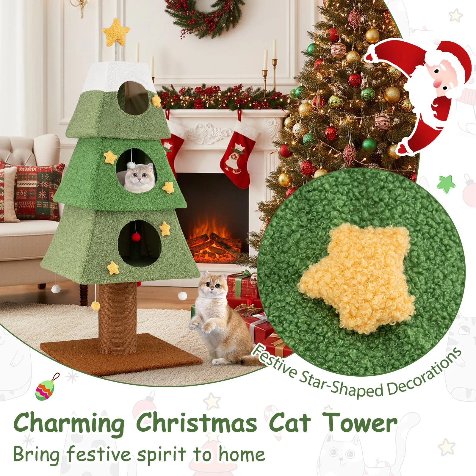 Large Christmas Cat Tree for Indoor Cats 64" Cute Cat Tower with 3 Condos, Green - Image 9