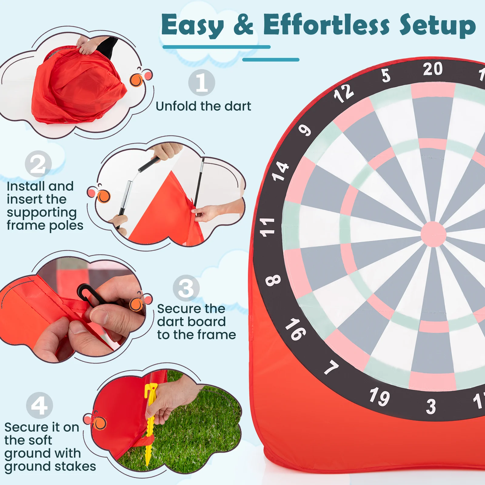 Large Dart Board For Kids, 4 Kick Balls, Red - Image 7