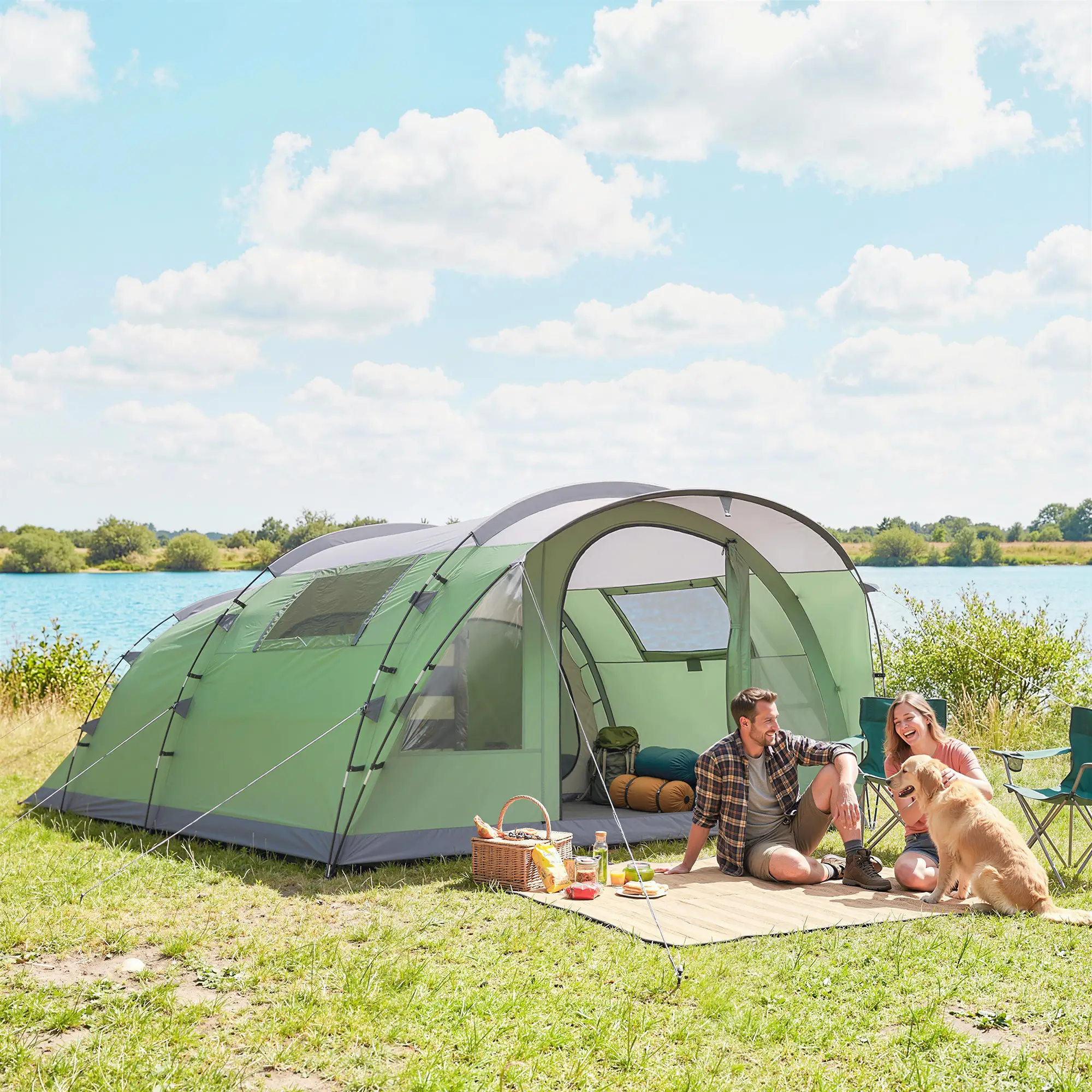 Large Family Tent, 2-4 Person, 4 Windows, Porch, Light Green - Image 2