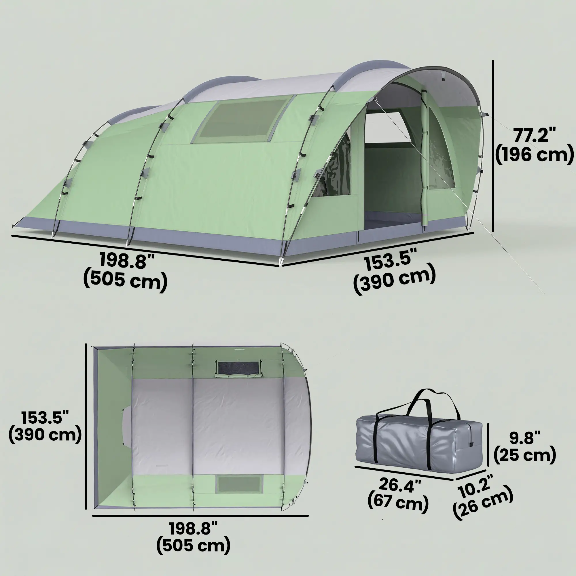 Large Family Tent, 2-4 Person, 4 Windows, Porch, Light Green - Image 3