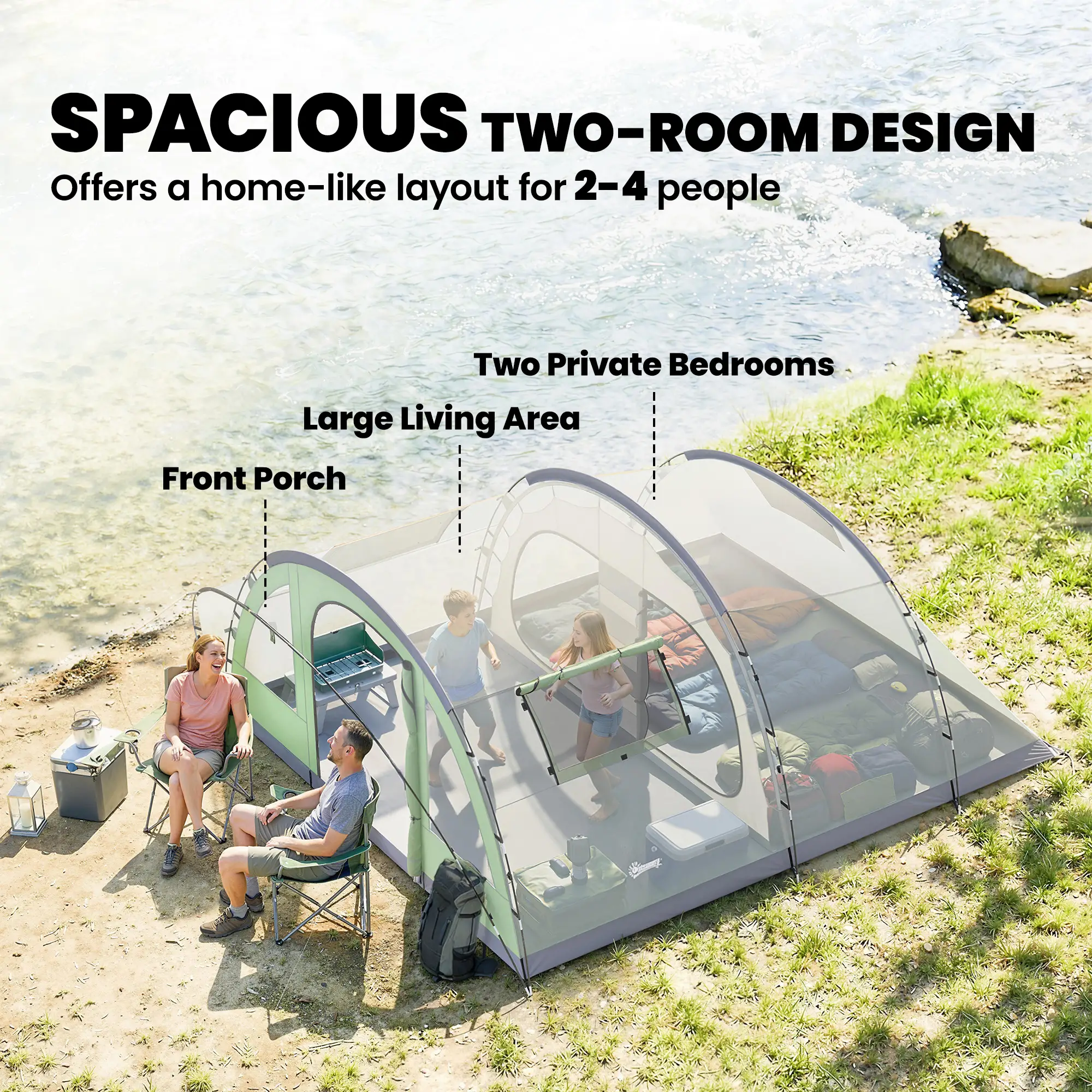 Large Family Tent, 2-4 Person, 4 Windows, Porch, Light Green - Image 4