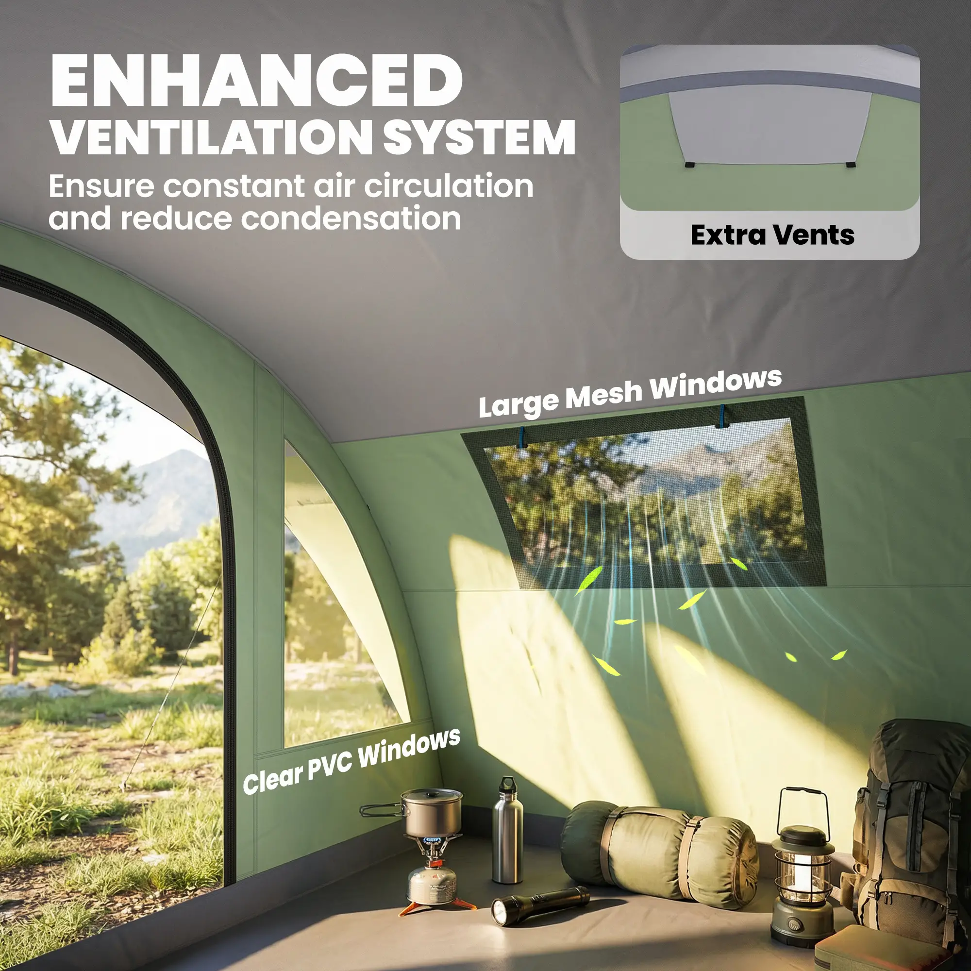 Large Family Tent, 2-4 Person, 4 Windows, Porch, Light Green - Image 7