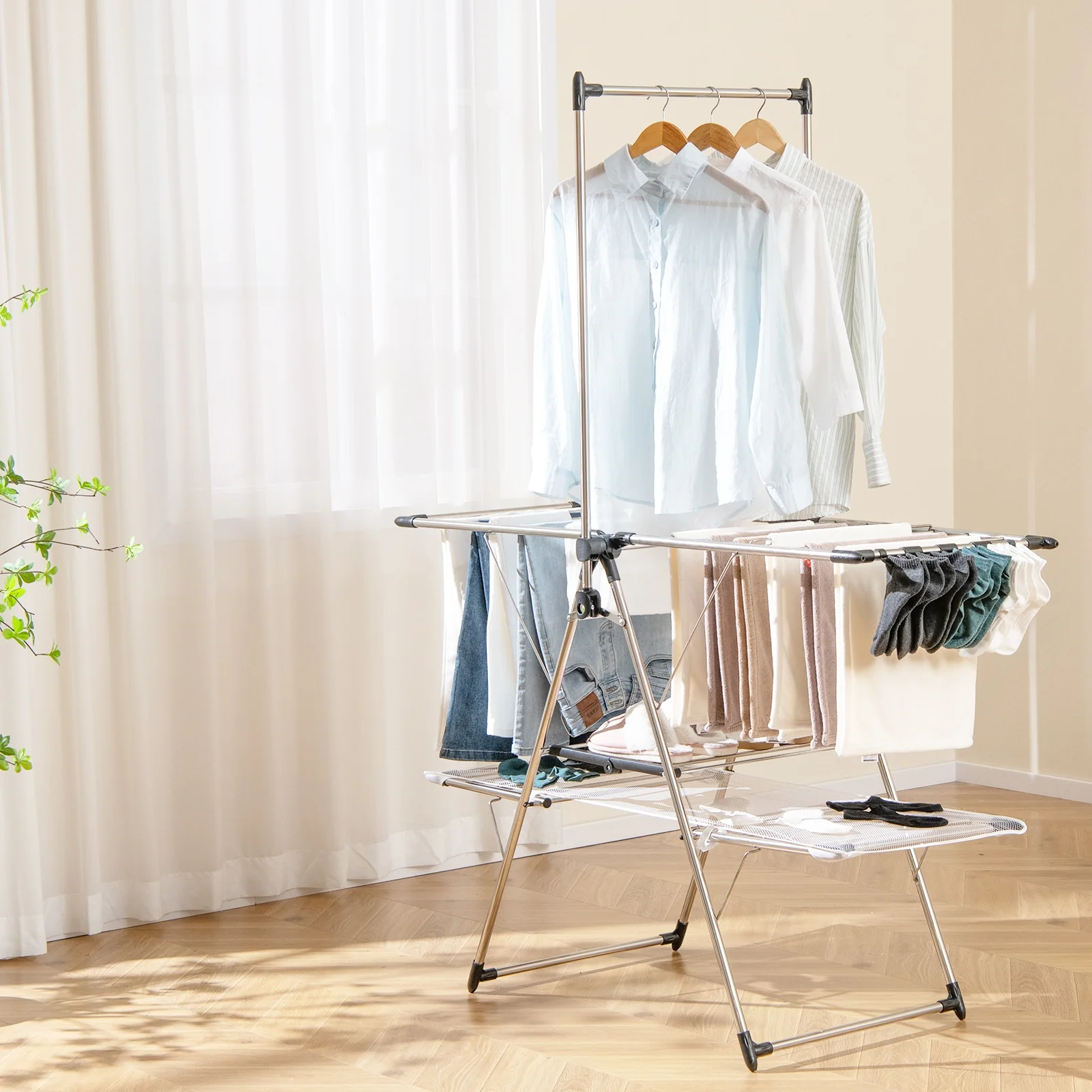Large Foldable Clothes Drying Rack, Tall Hanging Bar, Silver - Image 2