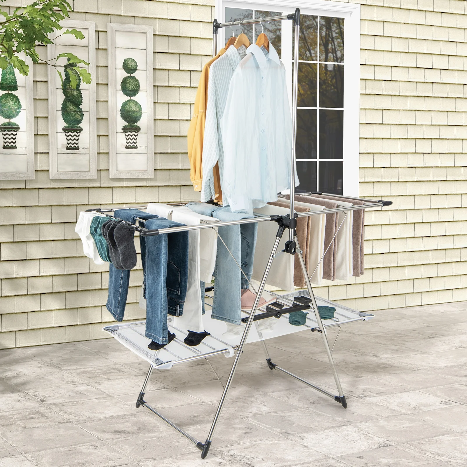 Large Foldable Clothes Drying Rack, Tall Hanging Bar, Silver - Image 3