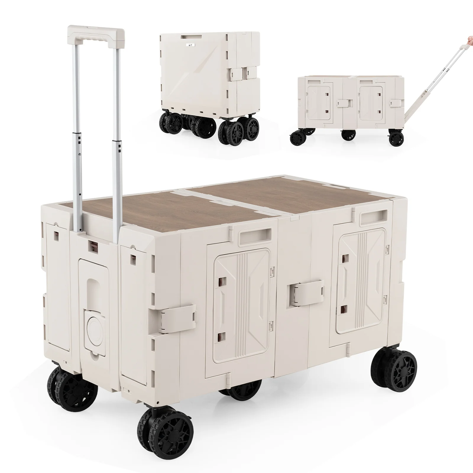 Large Foldable Utility Cart, 2-Tier Storage Crates, Telescoping Handle, White - Image 3