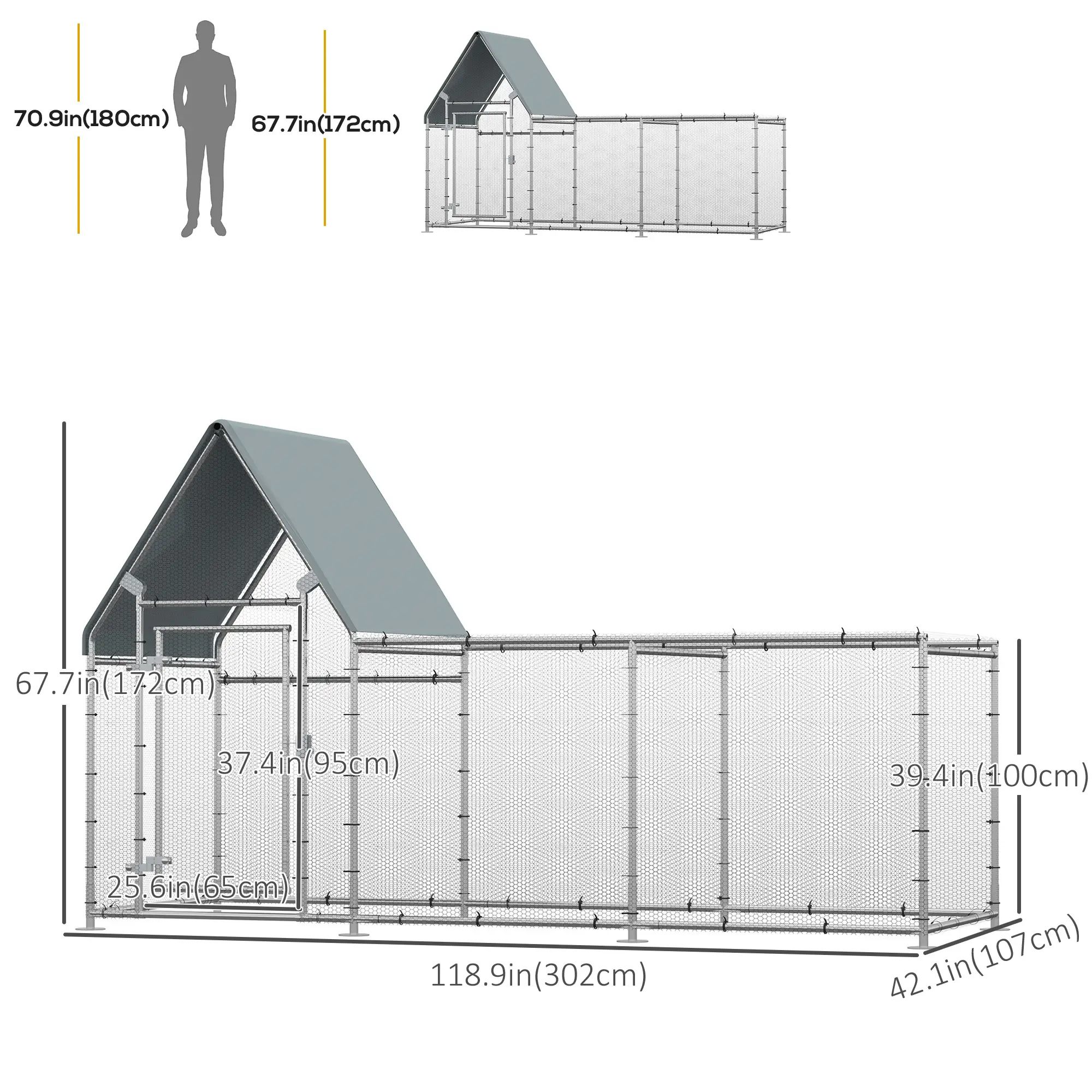Large Galvanized Chicken Coop, Rabbit Hutch, Water-Resist Cover, 119" x 42" x 68" - Image 3