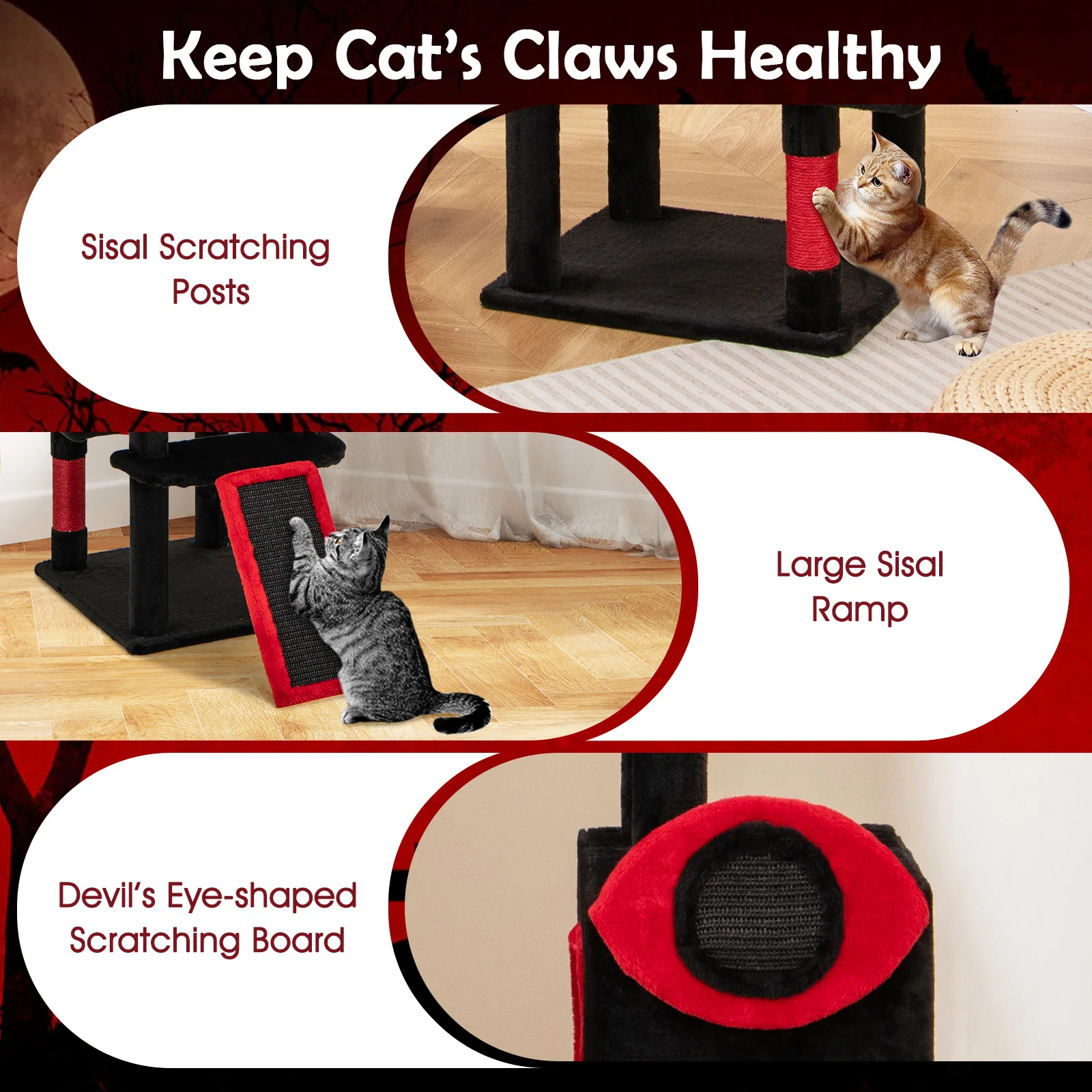 Large Gothic Cat Tree With Cat Condos, Plush Perches, Red, Black - Image 10