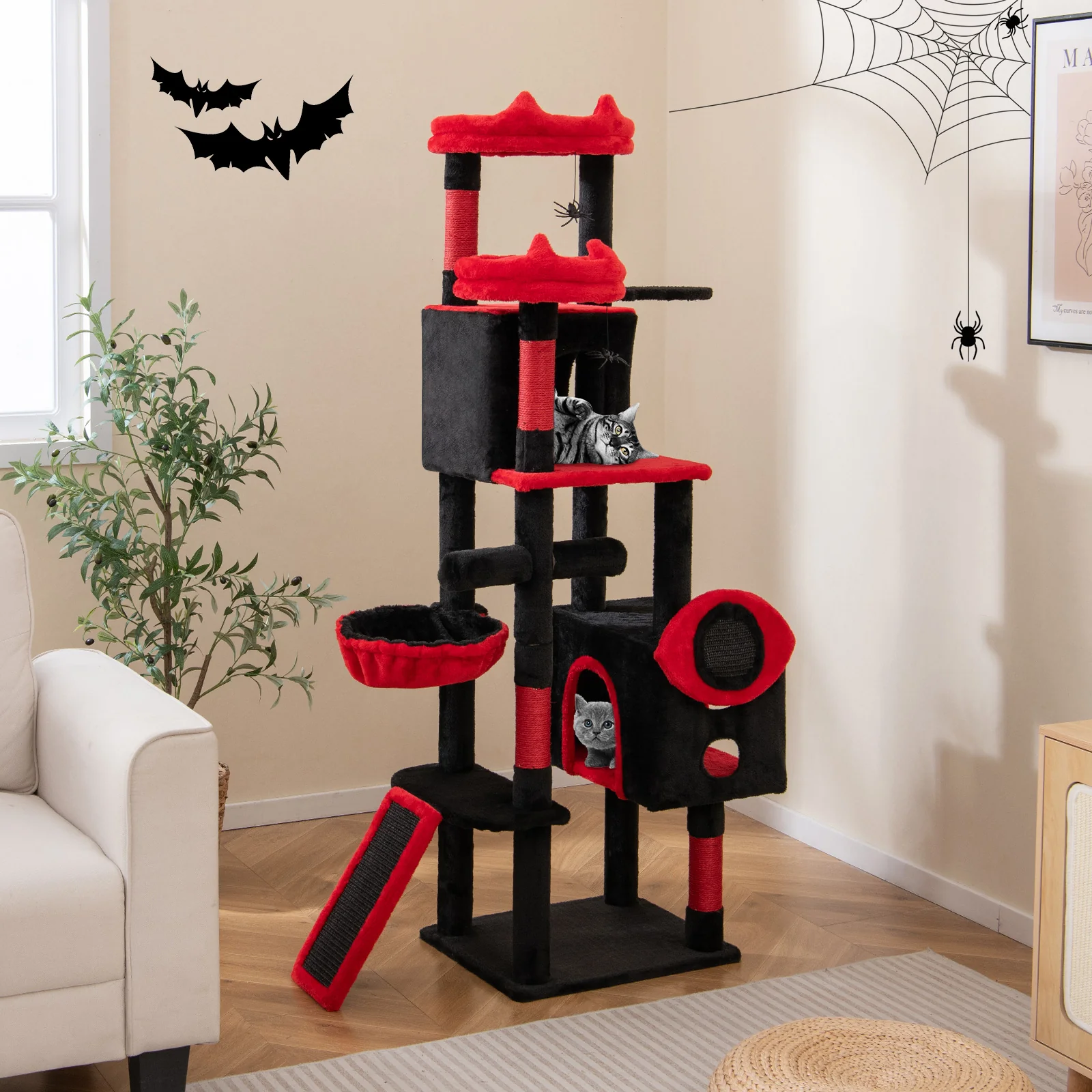 Large Gothic Cat Tree With Cat Condos, Plush Perches, Red, Black - Image 2