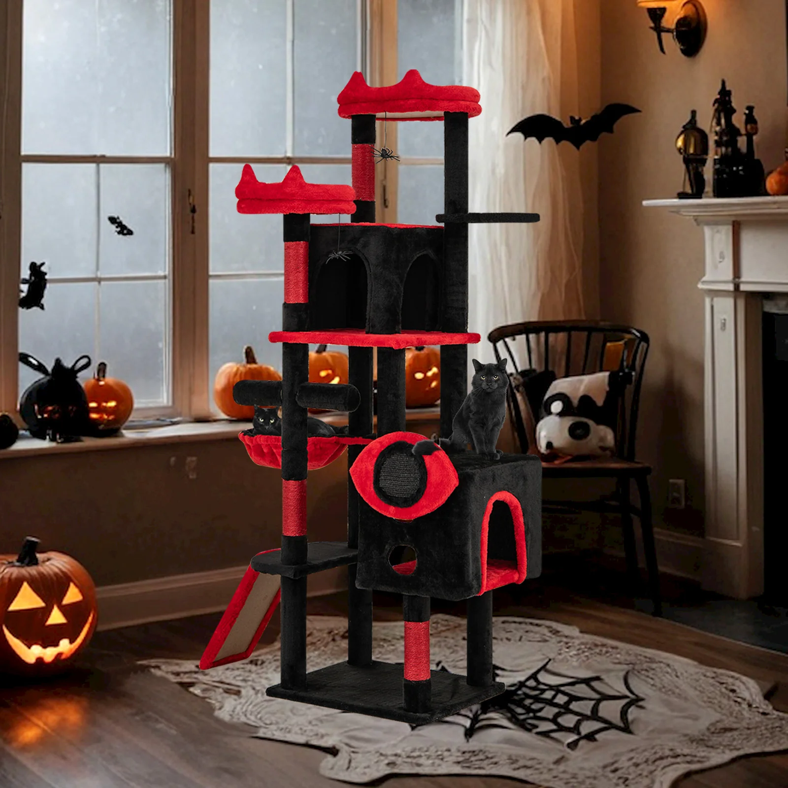 Large Gothic Cat Tree With Cat Condos, Plush Perches, Red, Black - Image 3