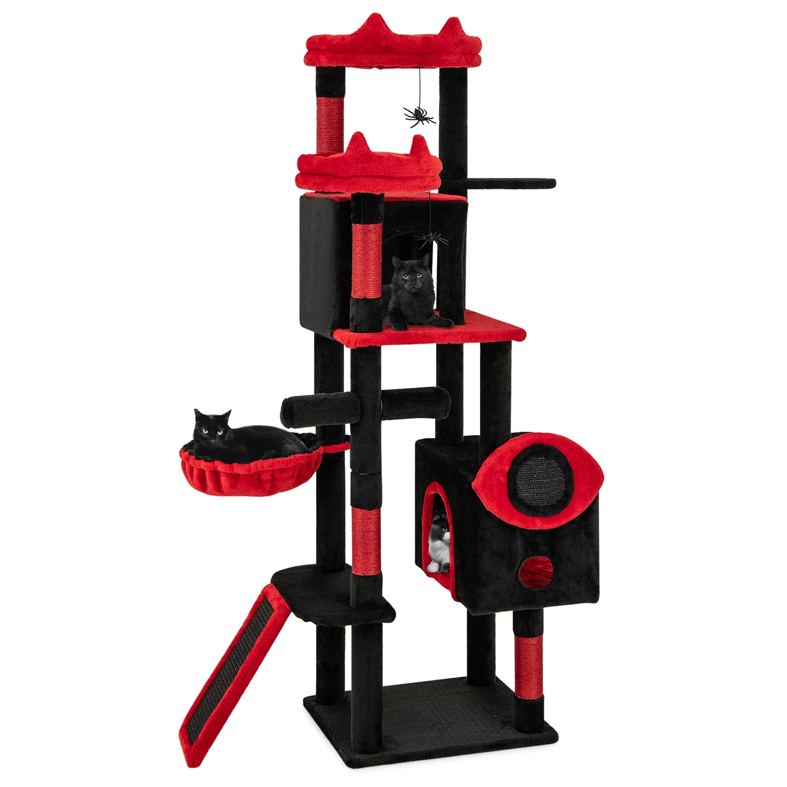Large Gothic Cat Tree With Cat Condos, Plush Perches, Red, Black - Image 4