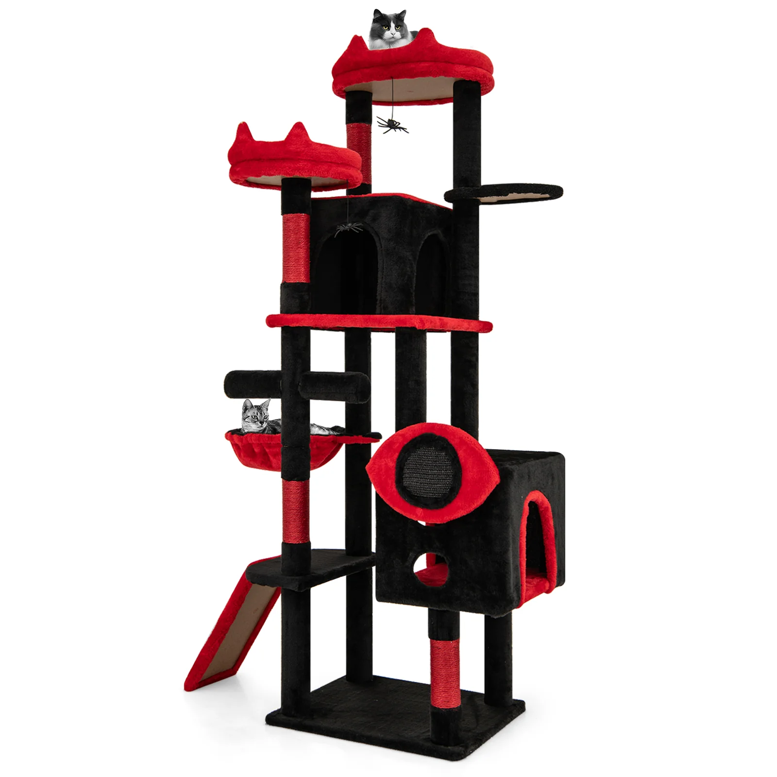 Large Gothic Cat Tree With Cat Condos, Plush Perches, Red, Black - Image 5
