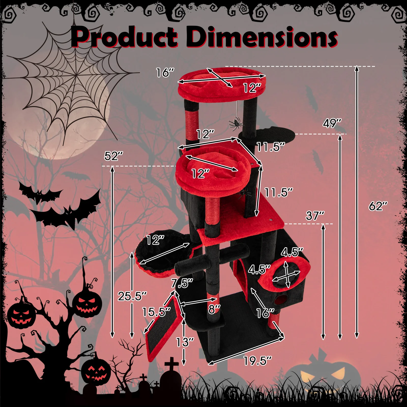 Large Gothic Cat Tree With Cat Condos, Plush Perches, Red, Black - Image 6