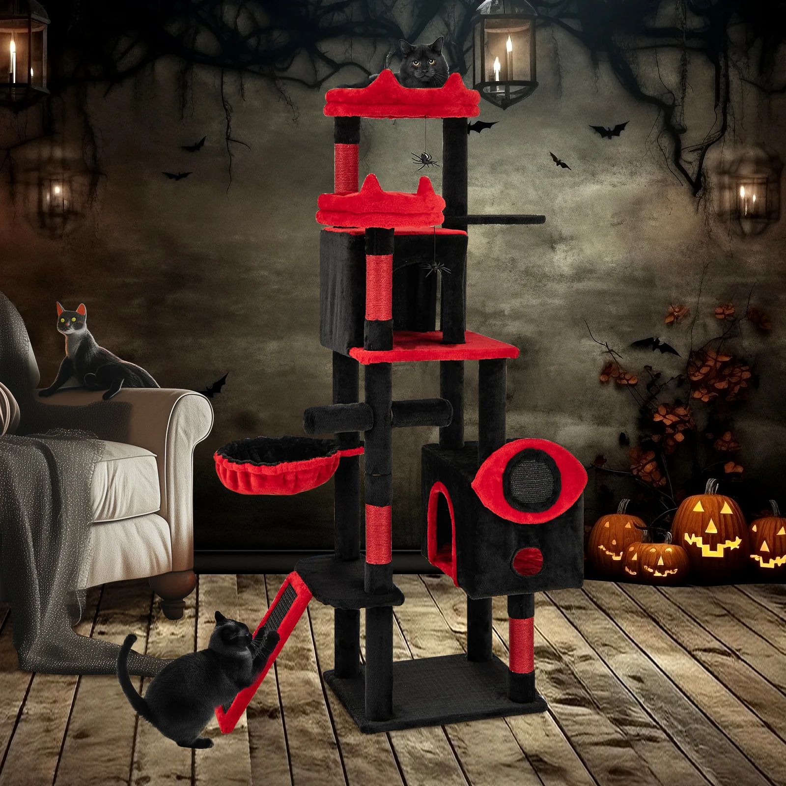 Large Gothic Cat Tree With Cat Condos, Plush Perches, Red, Black - Image 7