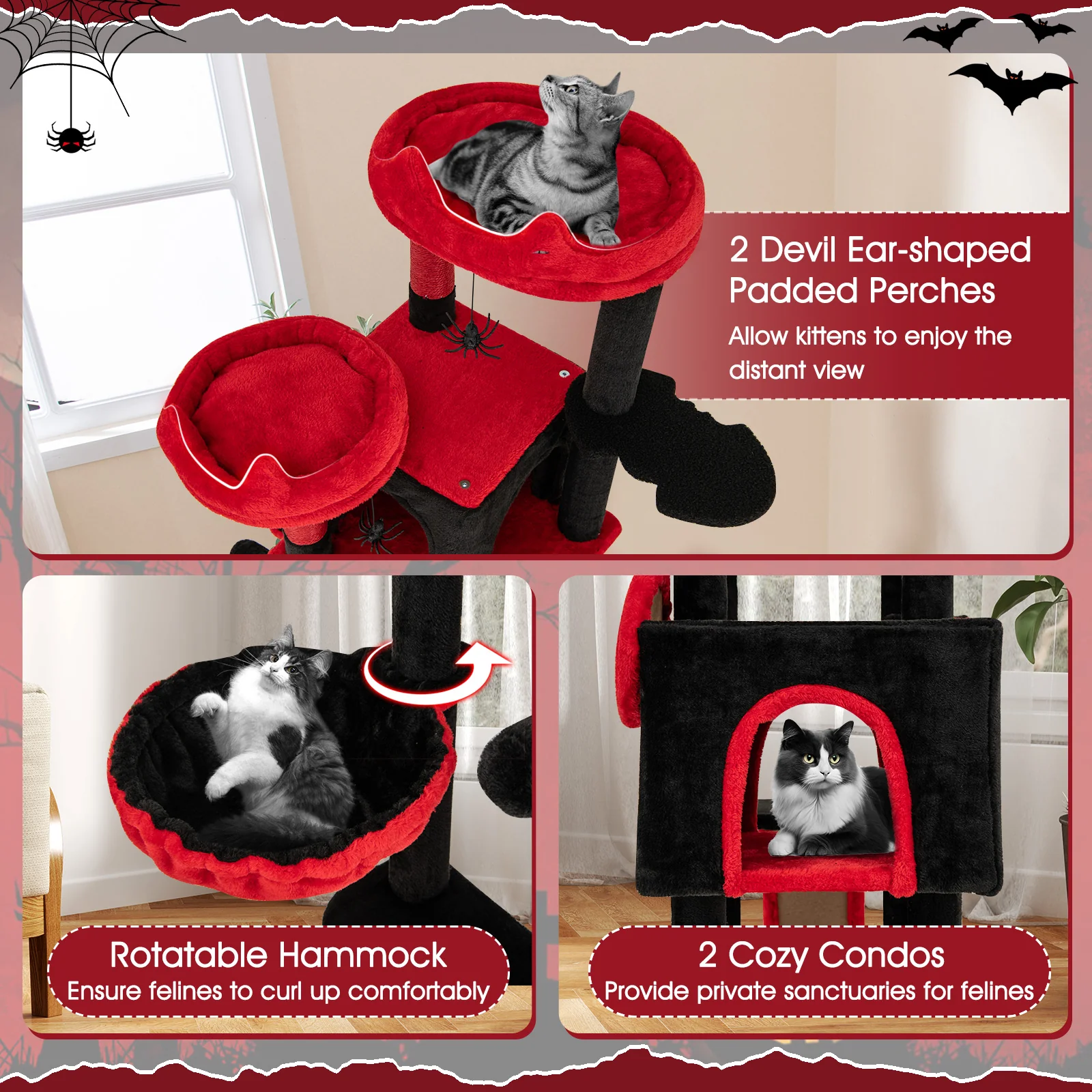 Large Gothic Cat Tree With Cat Condos, Plush Perches, Red, Black - Image 8
