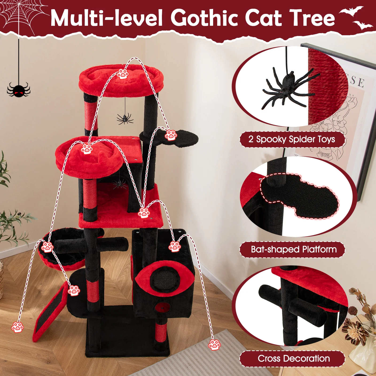 Large Gothic Cat Tree With Cat Condos, Plush Perches, Red, Black - Image 9