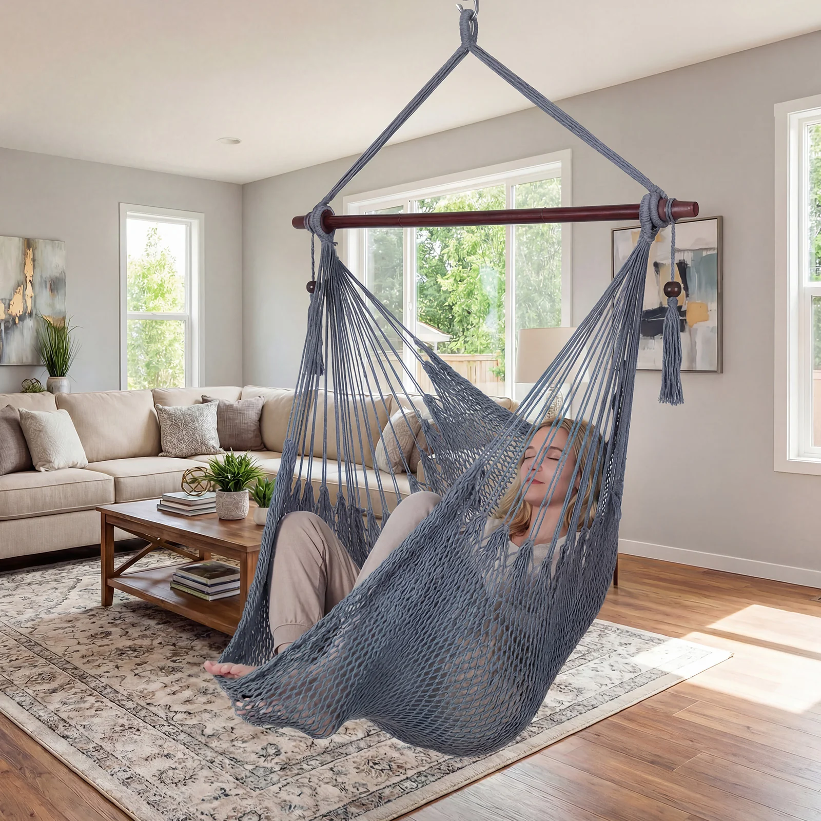 Large Hammock Chair, Metal Spreader Bar, Soft-Spun Rope Woven Swing, Gray - Image 6