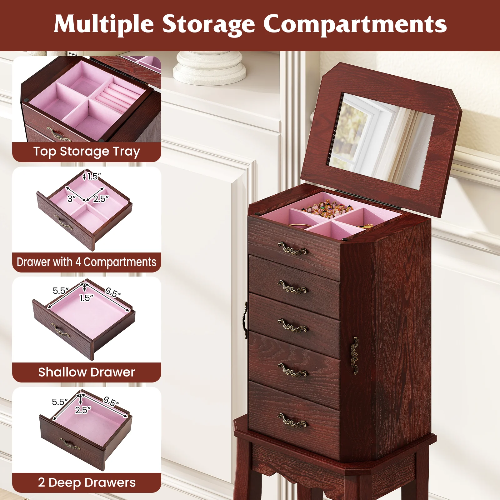 Large Jewelry Cabinet, 5 Drawers, Brown - Image 10
